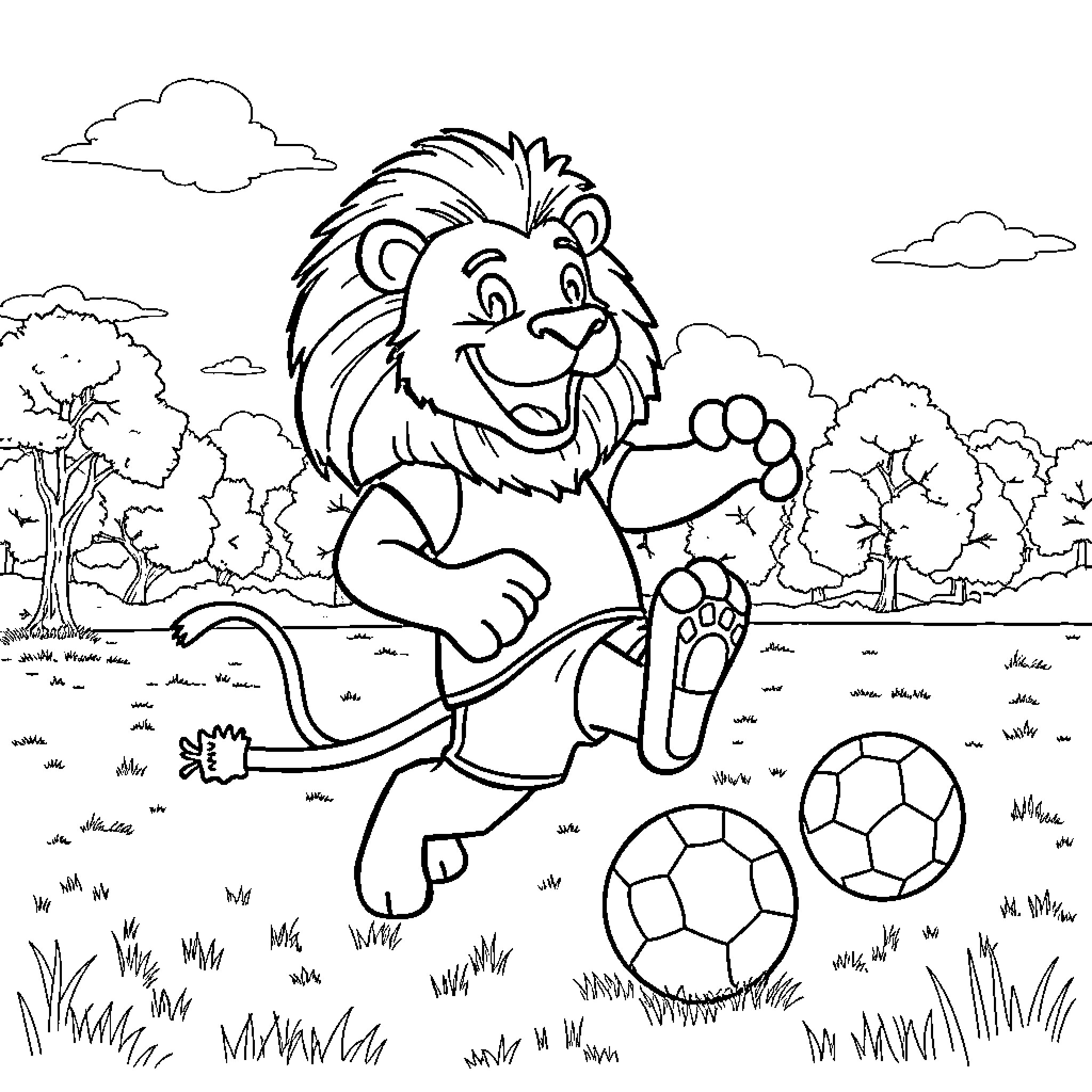 Lion playing with soccer balls in the park Coloring Page (free black-and-white line drawing printable PDF for all, from beginners to advanced learners, including children, teens, adults, and seniors)
