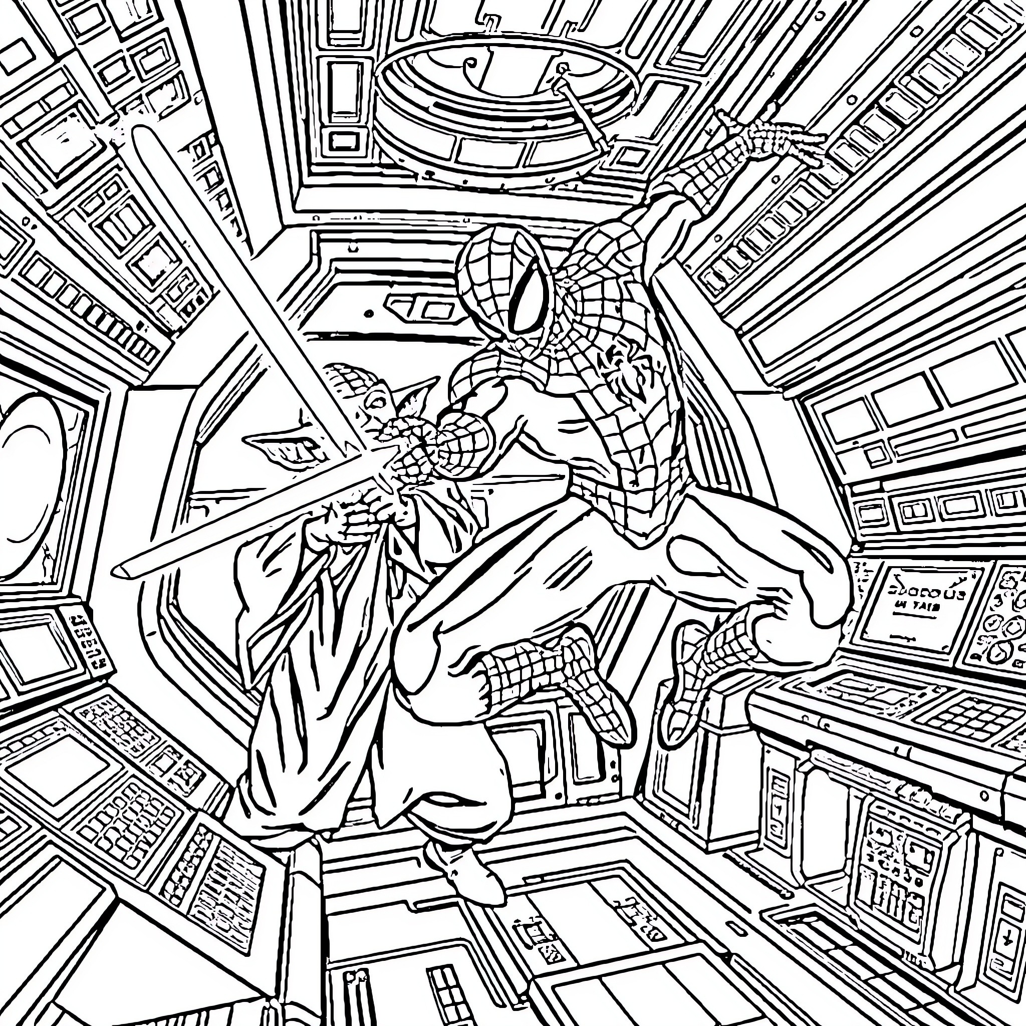 Spiderman swinging through the city on a heroic mission Coloring Page (free black-and-white line drawing printable PDF for all, from beginners to advanced learners, including children, teens, adults, and seniors)