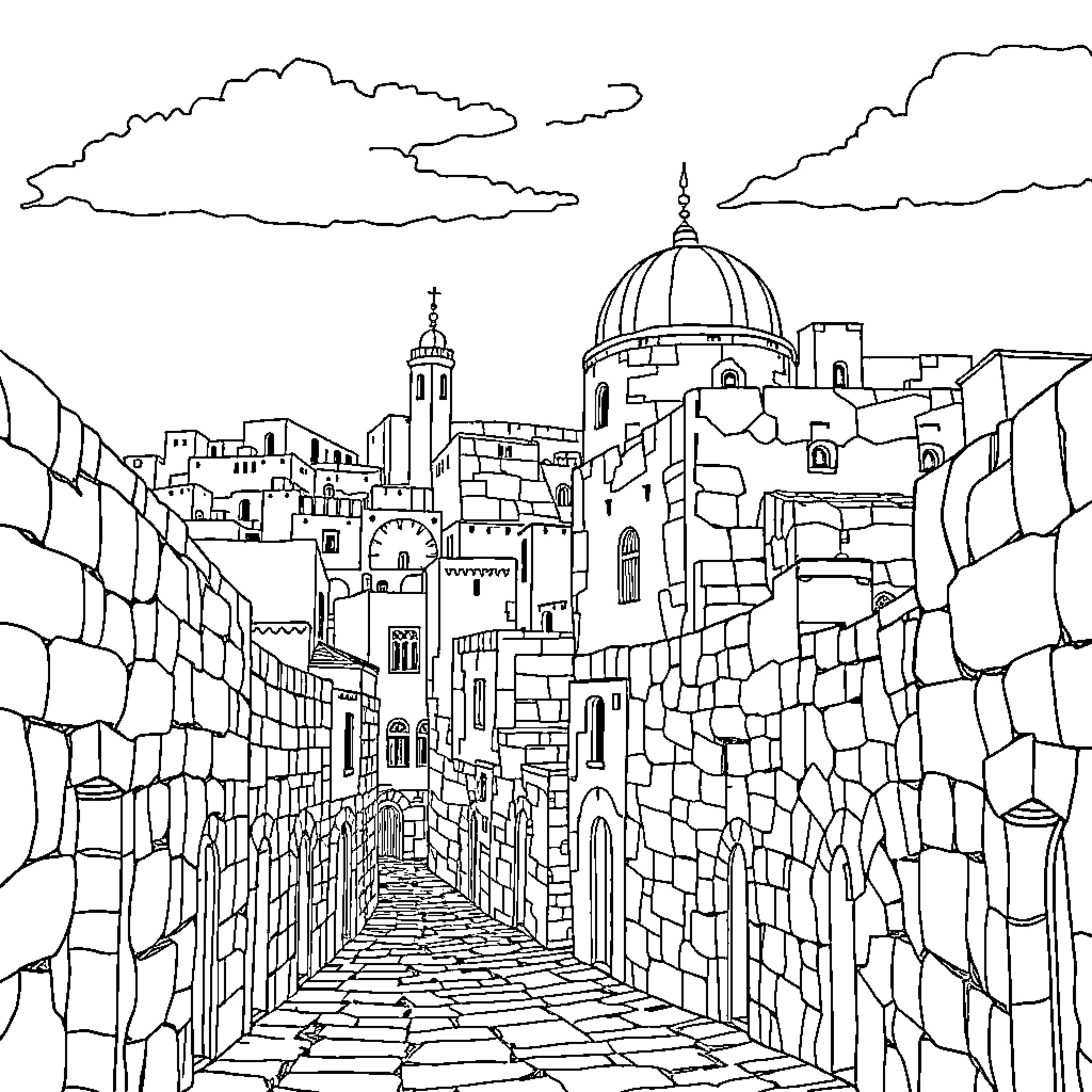 Hazalqoum: Architectural Wonders of an Ancient City Coloring Page (free black-and-white line drawing printable PDF for all, from beginners to advanced learners, including children, teens, adults, and seniors)