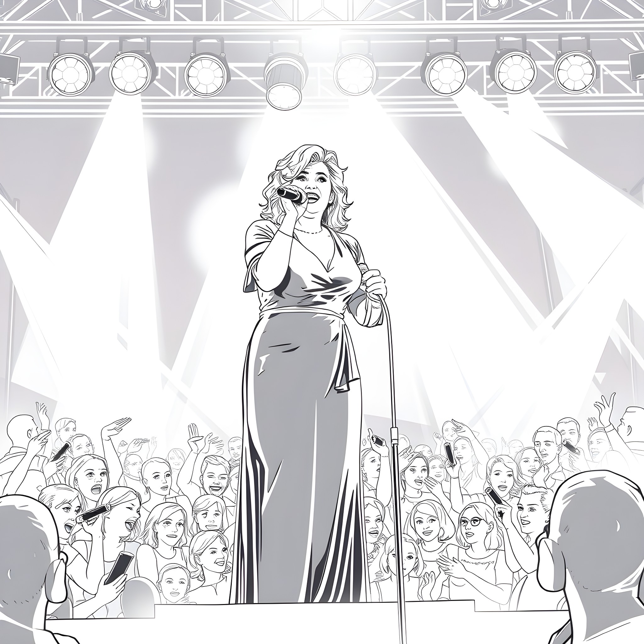 Adele's Captivating Performance on Stage Coloring Page (free black-and-white line drawing printable PDF for all, from beginners to advanced learners, including children, teens, adults, and seniors)