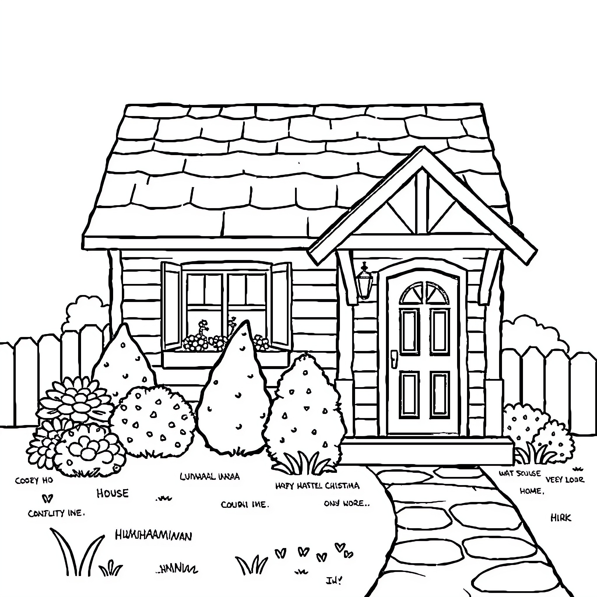 House with a Cozy Garden Scene Coloring Page (free black-and-white line drawing printable PDF for all, from beginners to advanced learners, including children, teens, adults, and seniors)