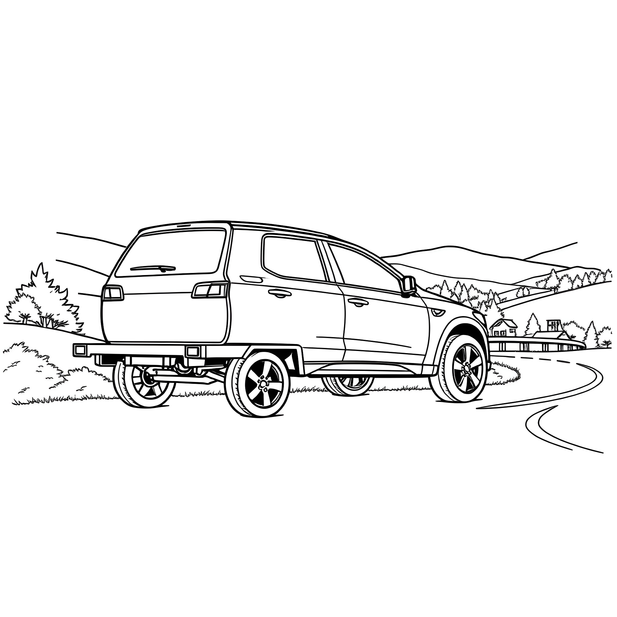 Car Trailer on a Winding Road in the Mountains Coloring Page (free black-and-white line drawing printable PDF for all, from beginners to advanced learners, including children, teens, adults, and seniors)