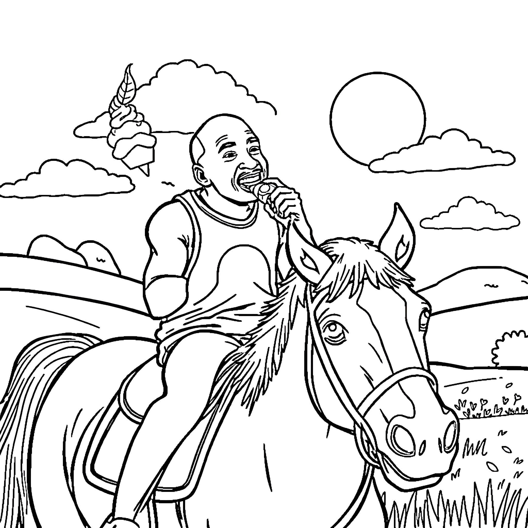 Michael Jordan riding a horse in a serene landscape Coloring Page (free black-and-white line drawing printable PDF for all, from beginners to advanced learners, including children, teens, adults, and seniors)