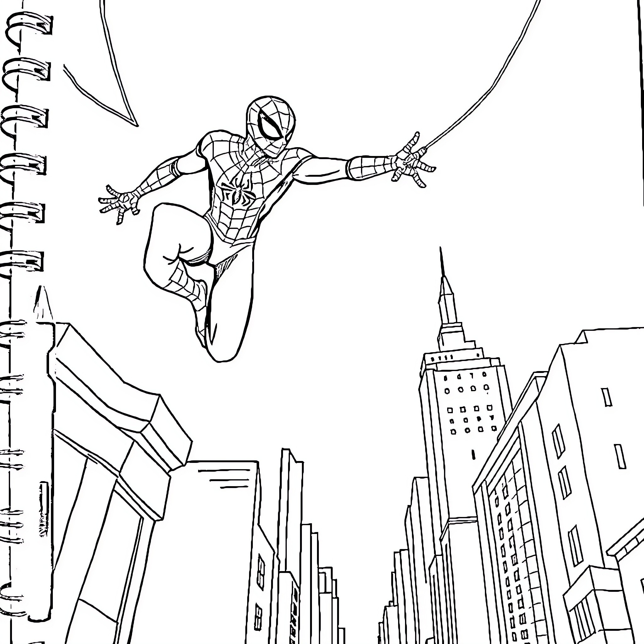 Spider-Man swinging through the city skyline Coloring Page (free black-and-white line drawing printable PDF for all, from beginners to advanced learners, including children, teens, adults, and seniors)