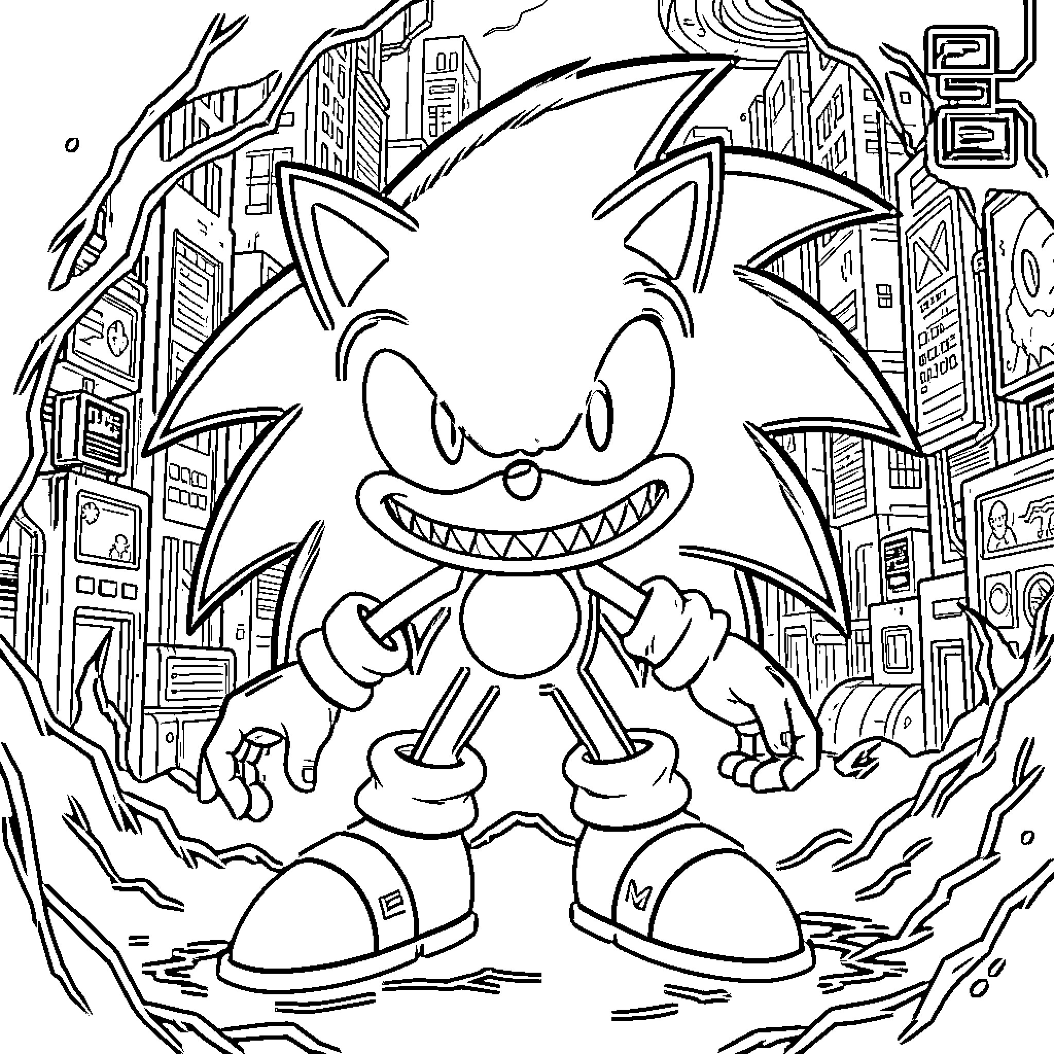 Sonic.exe in a Chaotic City Scene Coloring Page (free black-and-white line drawing printable PDF for all, from beginners to advanced learners, including children, teens, adults, and seniors)
