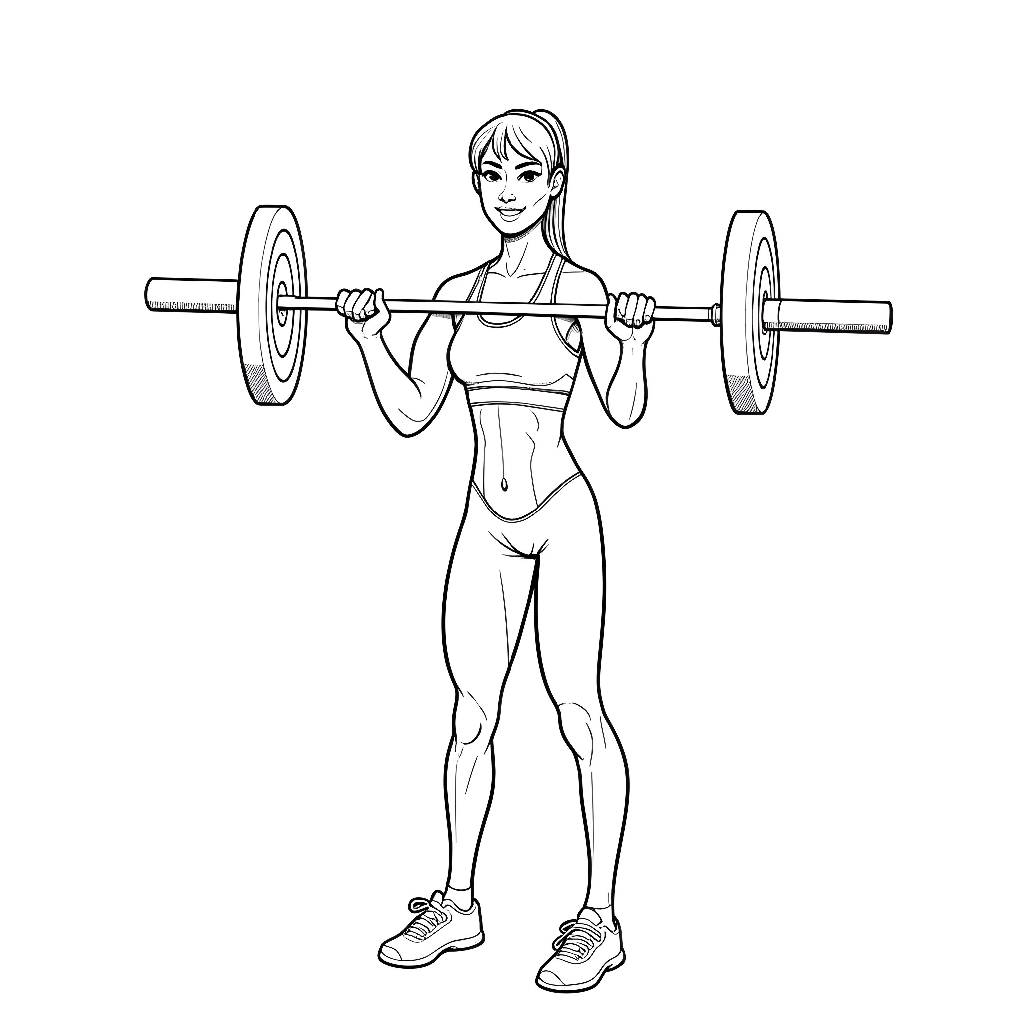Woman lifting weights in fitness attire Coloring Page (free black-and-white line drawing printable PDF for all, from beginners to advanced learners, including children, teens, adults, and seniors)