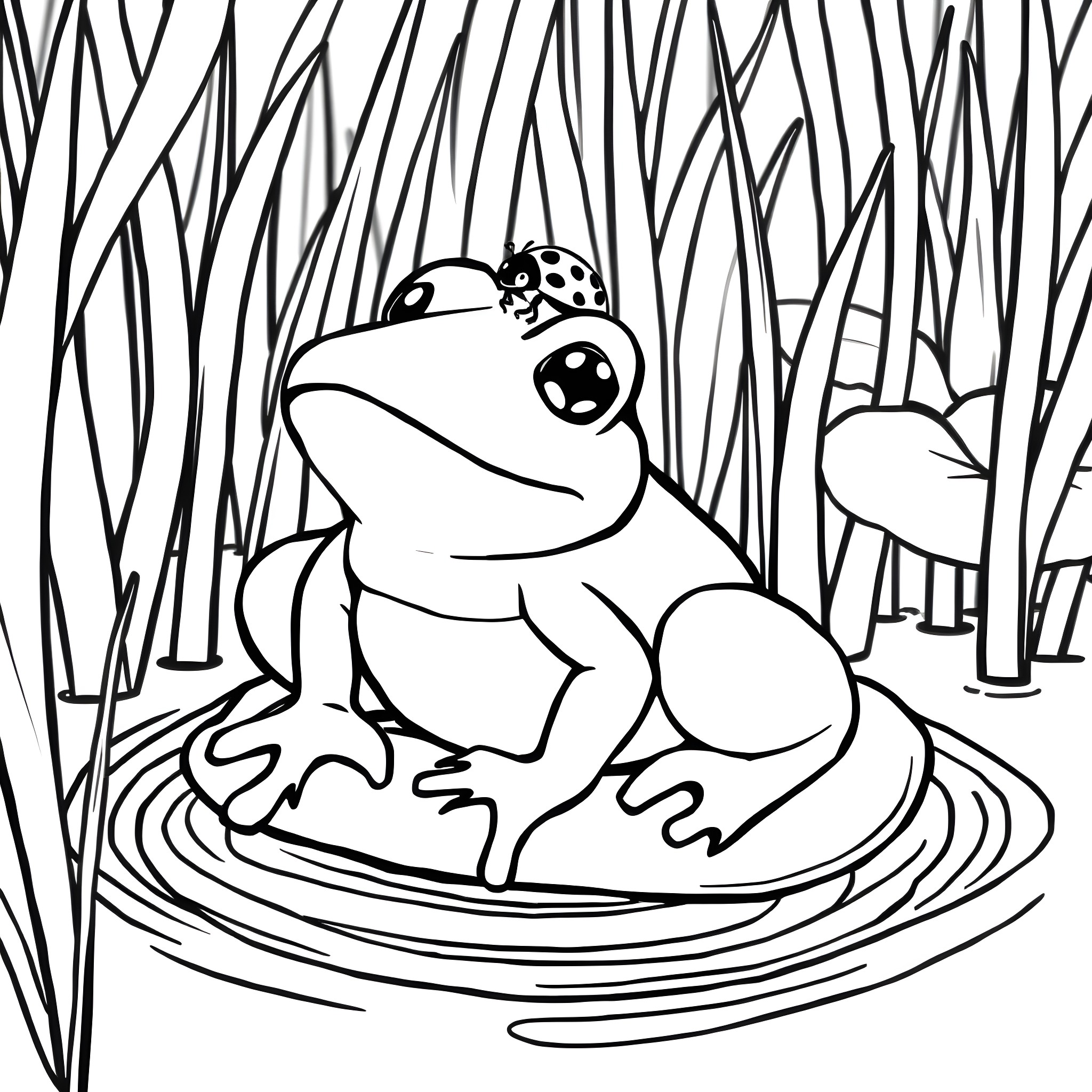 Frog resting on a lily pad in the forest Coloring Page (free black-and-white line drawing printable PDF for all, from beginners to advanced learners, including children, teens, adults, and seniors)