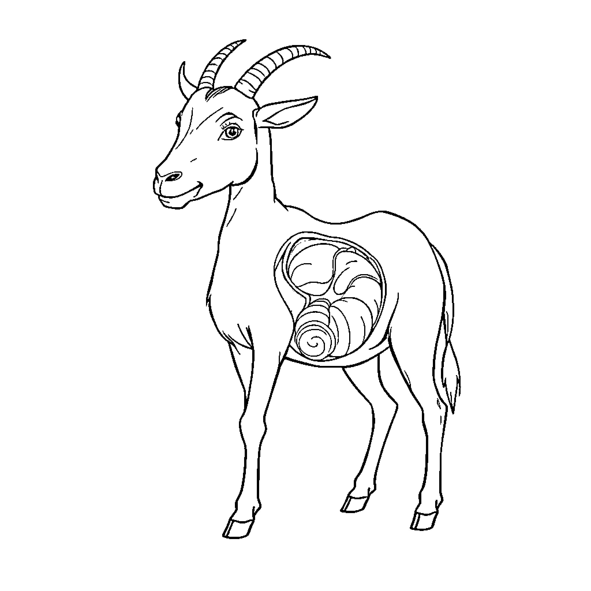 Goat with intricate pattern on its body Coloring Page (free black-and-white line drawing printable PDF for all, from beginners to advanced learners, including children, teens, adults, and seniors)