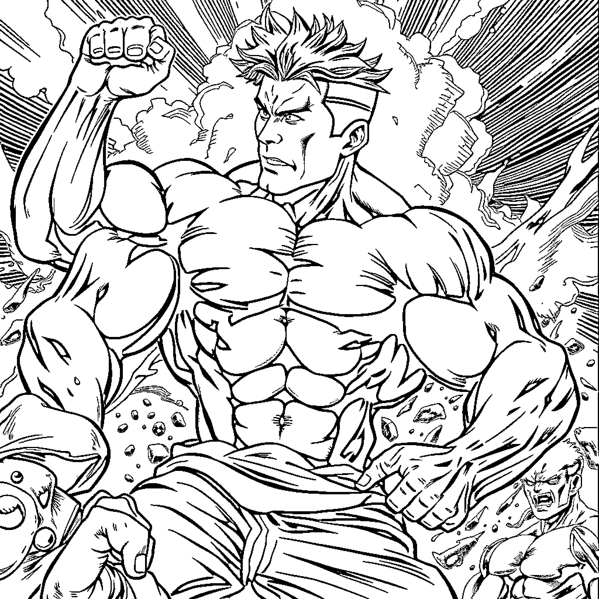 Muscle Bara Powerful Warrior in Action Coloring Page (free black-and-white line drawing printable PDF for all, from beginners to advanced learners, including children, teens, adults, and seniors)