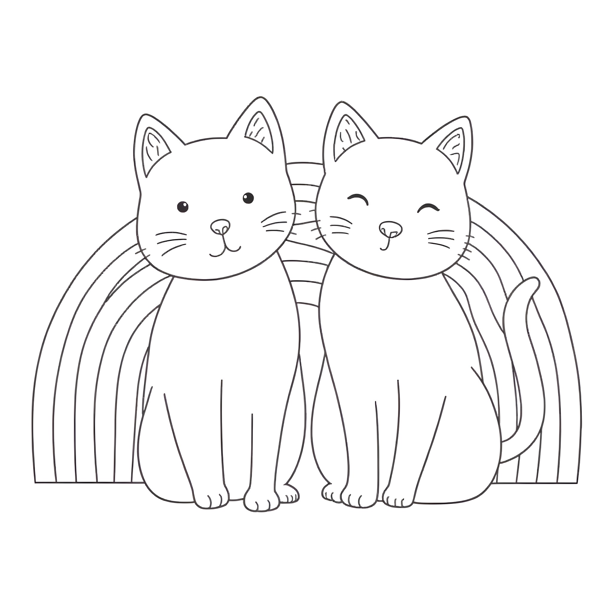 Cats sitting together in front of rainbow Coloring Page (free black-and-white line drawing printable PDF for all, from beginners to advanced learners, including children, teens, adults, and seniors)