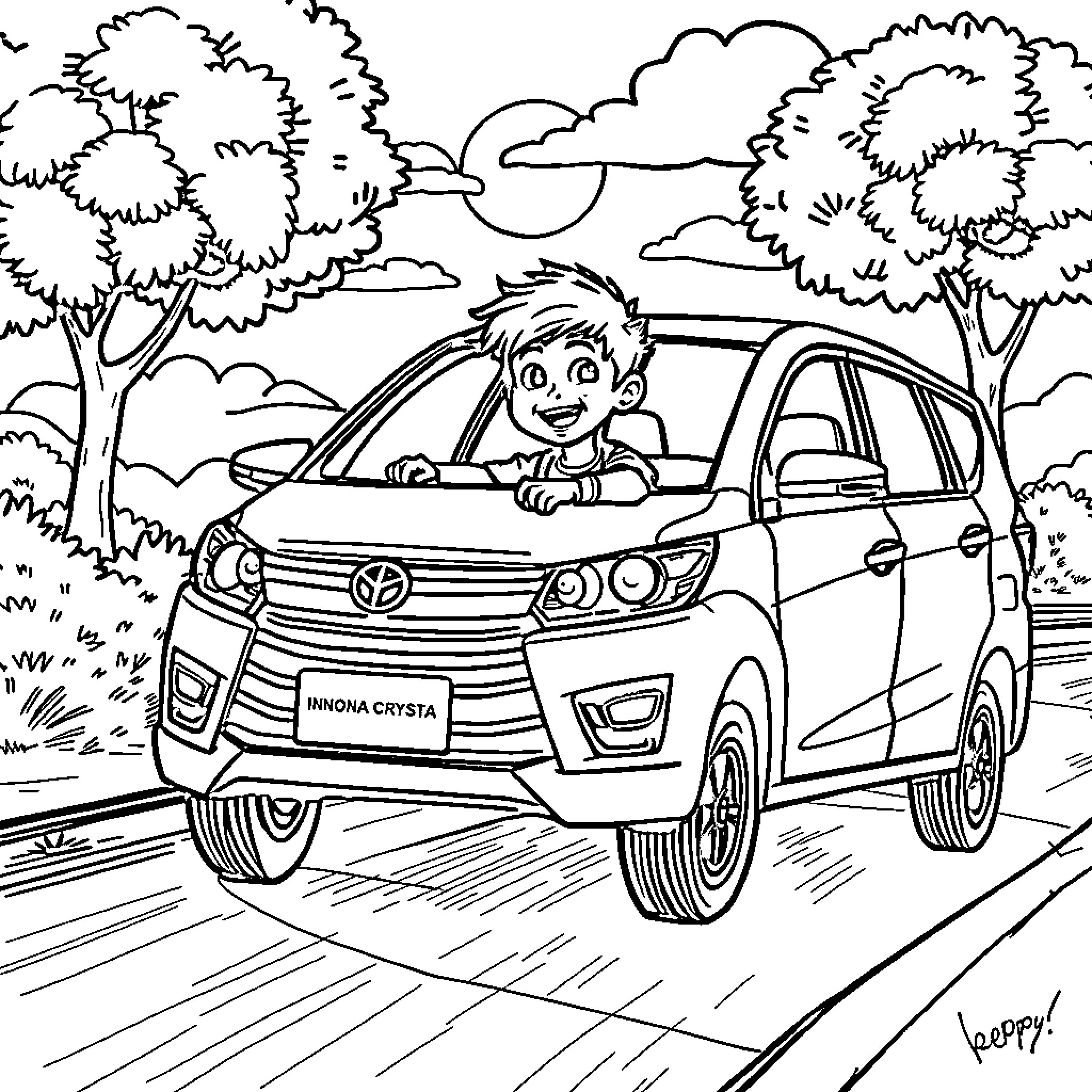 Boy driving a car in a scenic outdoor setting Coloring Page (free black-and-white line drawing printable PDF for all, from beginners to advanced learners, including children, teens, adults, and seniors)
