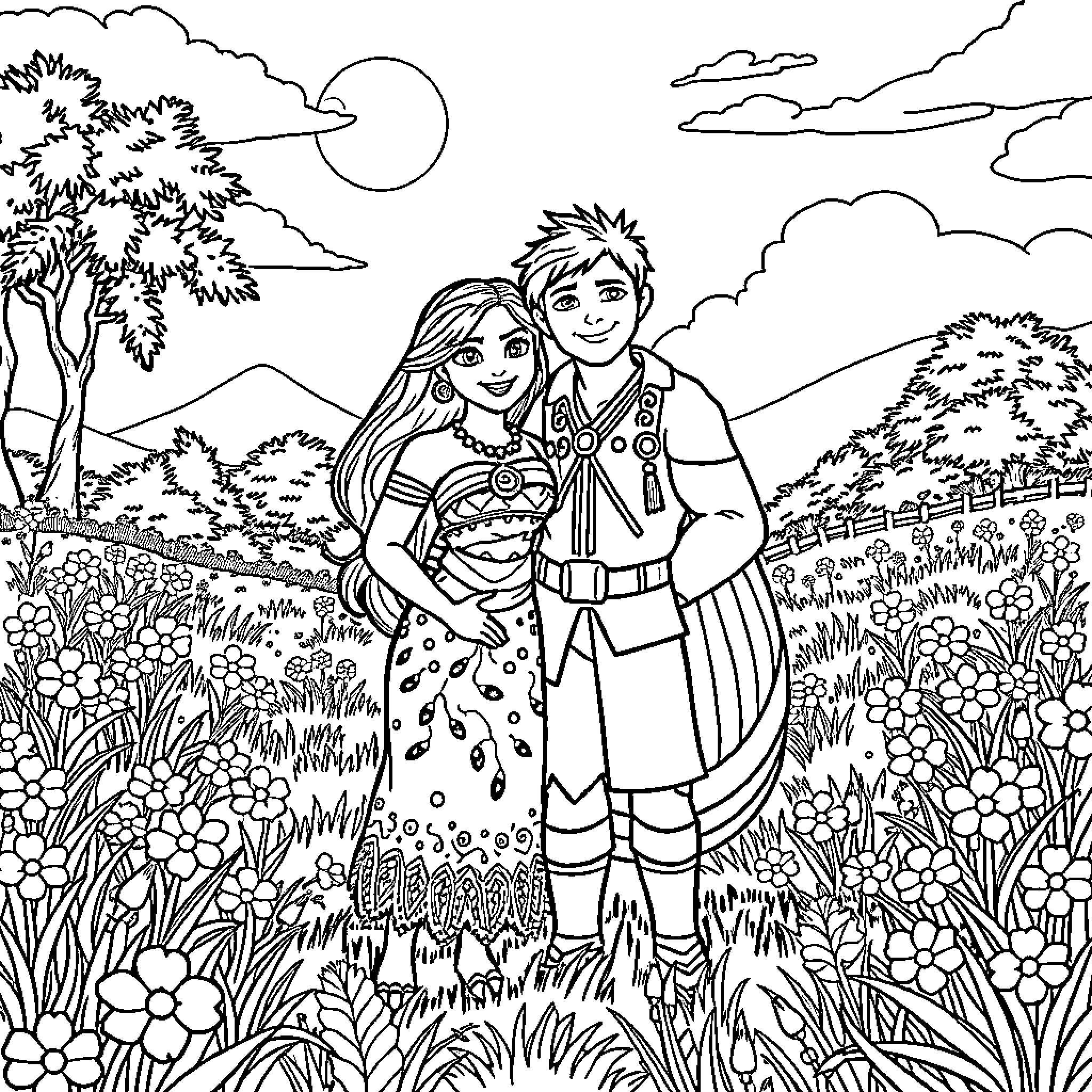 Moana and Maui exploring a lush, scenic landscape Coloring Page (free black-and-white line drawing printable PDF for all, from beginners to advanced learners, including children, teens, adults, and seniors)