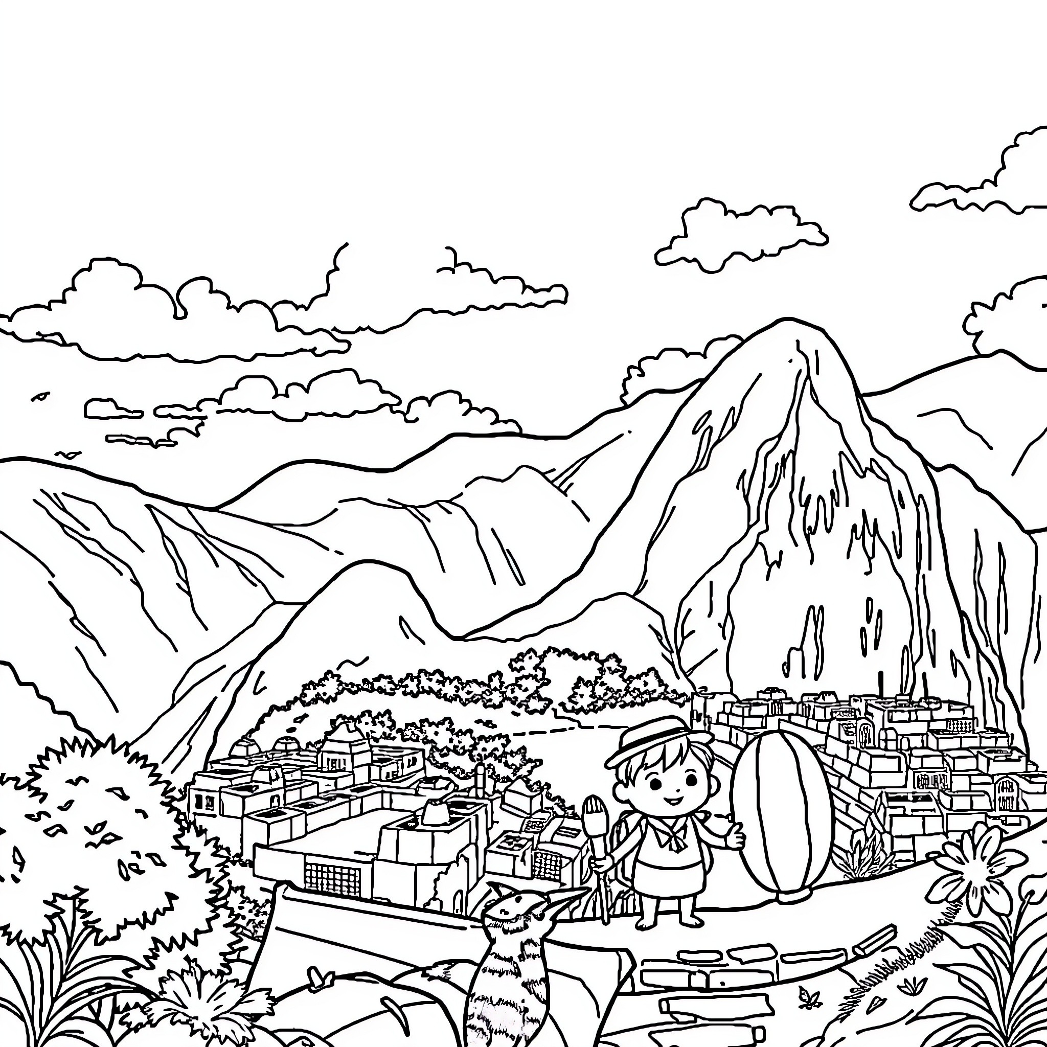 Cocomelon characters exploring mountain village landscape Coloring Page (free black-and-white line drawing printable PDF for all, from beginners to advanced learners, including children, teens, adults, and seniors)