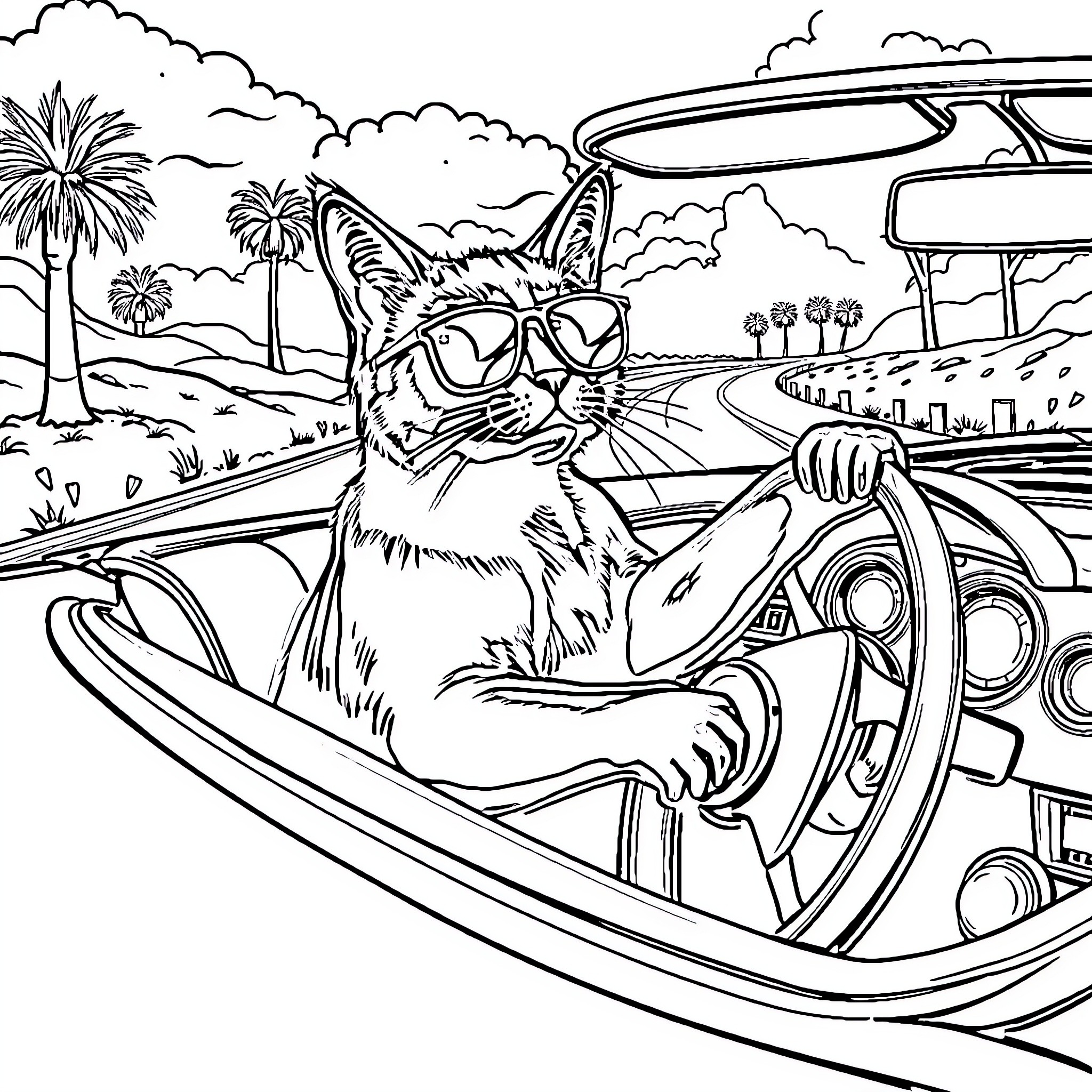 Cat driving sports car in tropical landscape Coloring Page (free black-and-white line drawing printable PDF for all, from beginners to advanced learners, including children, teens, adults, and seniors)