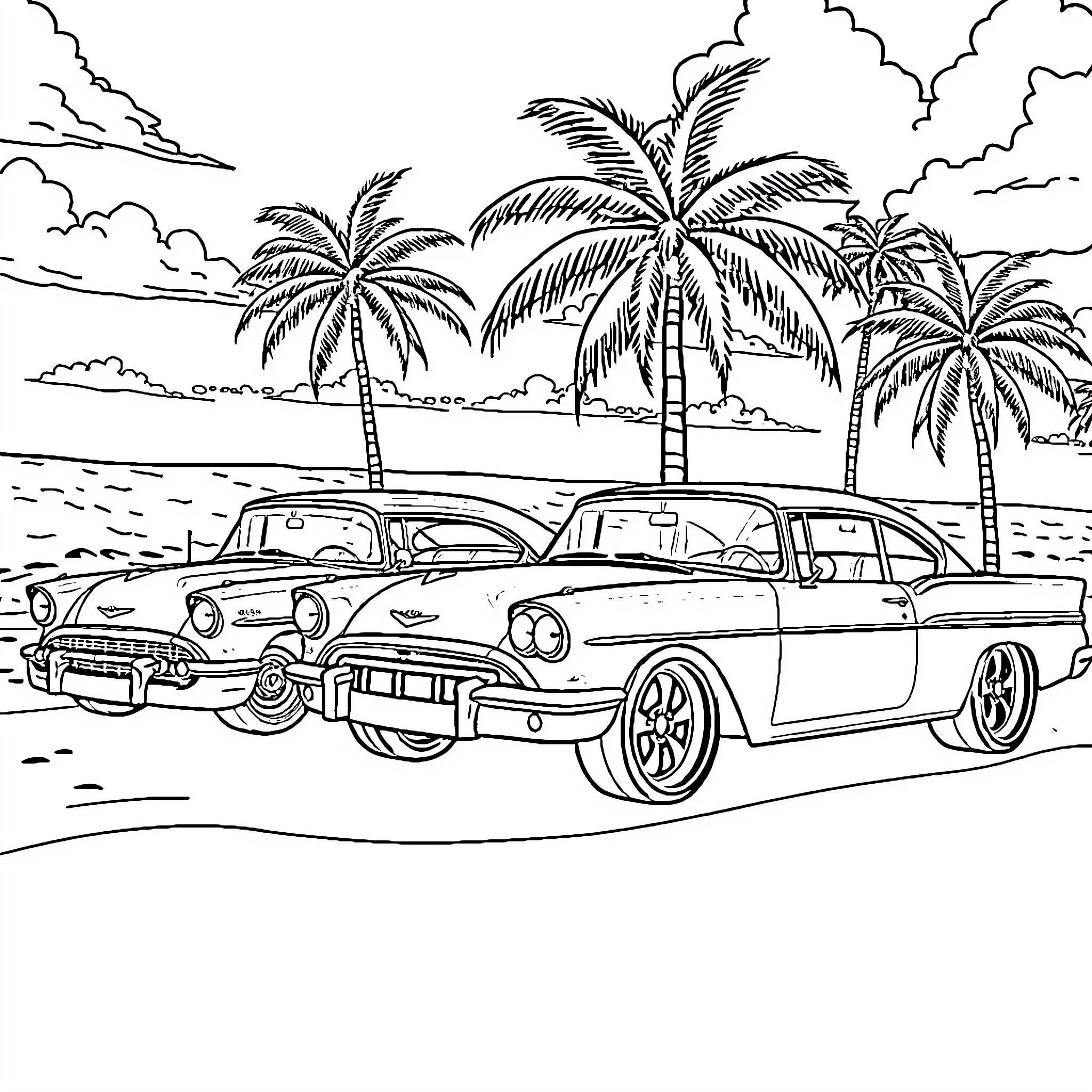 Classic Car Parked by Tropical Beach Coloring Page (free black-and-white line drawing printable PDF for all, from beginners to advanced learners, including children, teens, adults, and seniors)