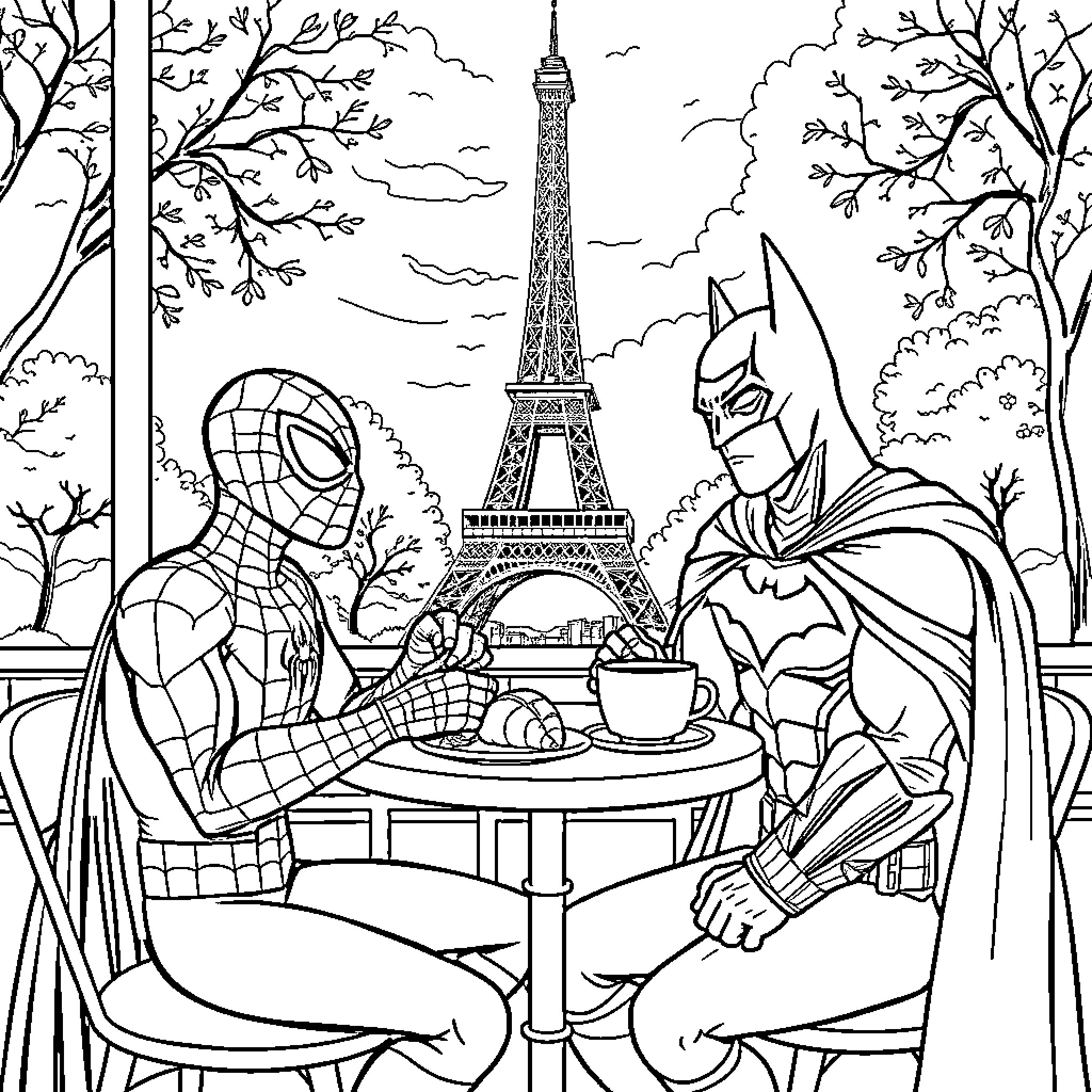 Spider-Man and Batman Enjoying Coffee in Paris Coloring Page (free black-and-white line drawing printable PDF for all, from beginners to advanced learners, including children, teens, adults, and seniors)