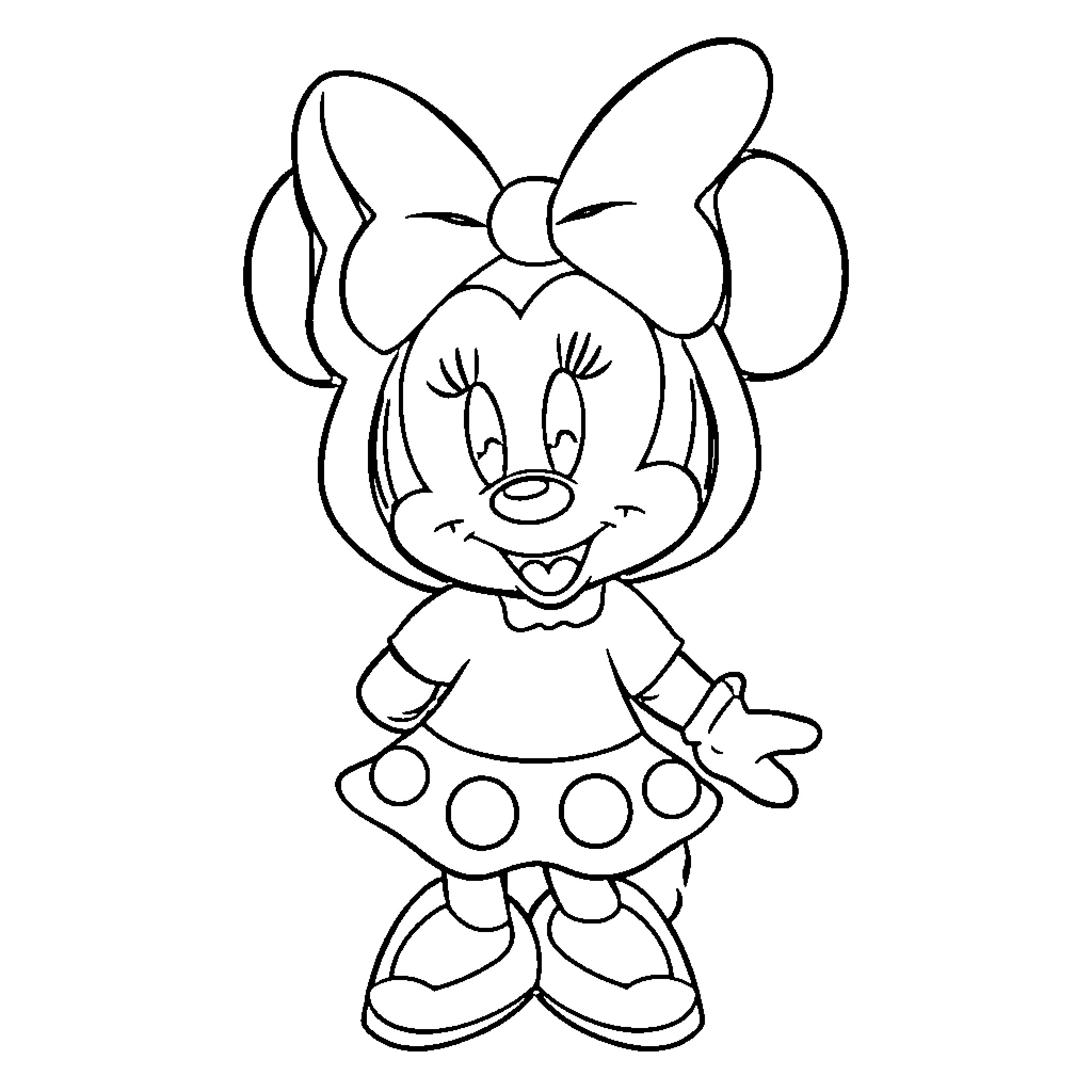 Minnie Mouse in playful mood Coloring Page (free black-and-white line drawing printable PDF for all, from beginners to advanced learners, including children, teens, adults, and seniors)