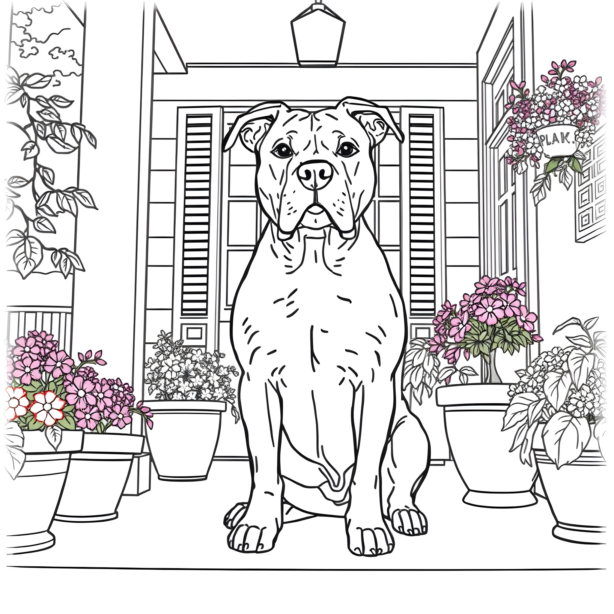 Pitbull Guarding Floral-Filled Porch Coloring Page (free black-and-white line drawing printable PDF for all, from beginners to advanced learners, including children, teens, adults, and seniors)