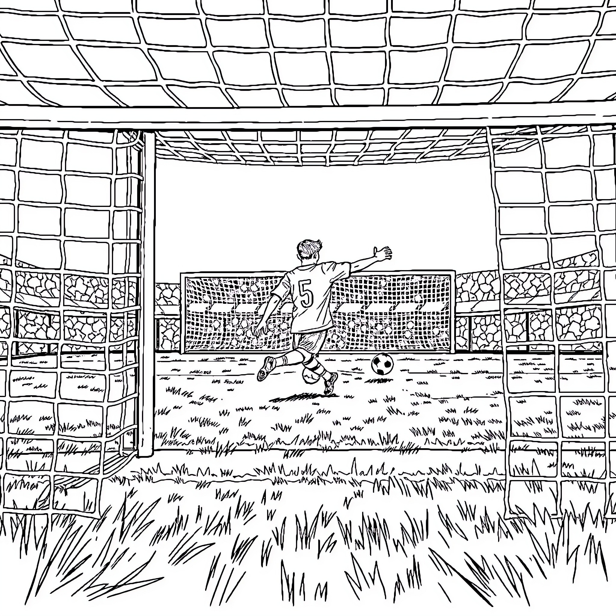 Soccer Player Kicking Ball in Stadium Coloring Page (free black-and-white line drawing printable PDF for all, from beginners to advanced learners, including children, teens, adults, and seniors)
