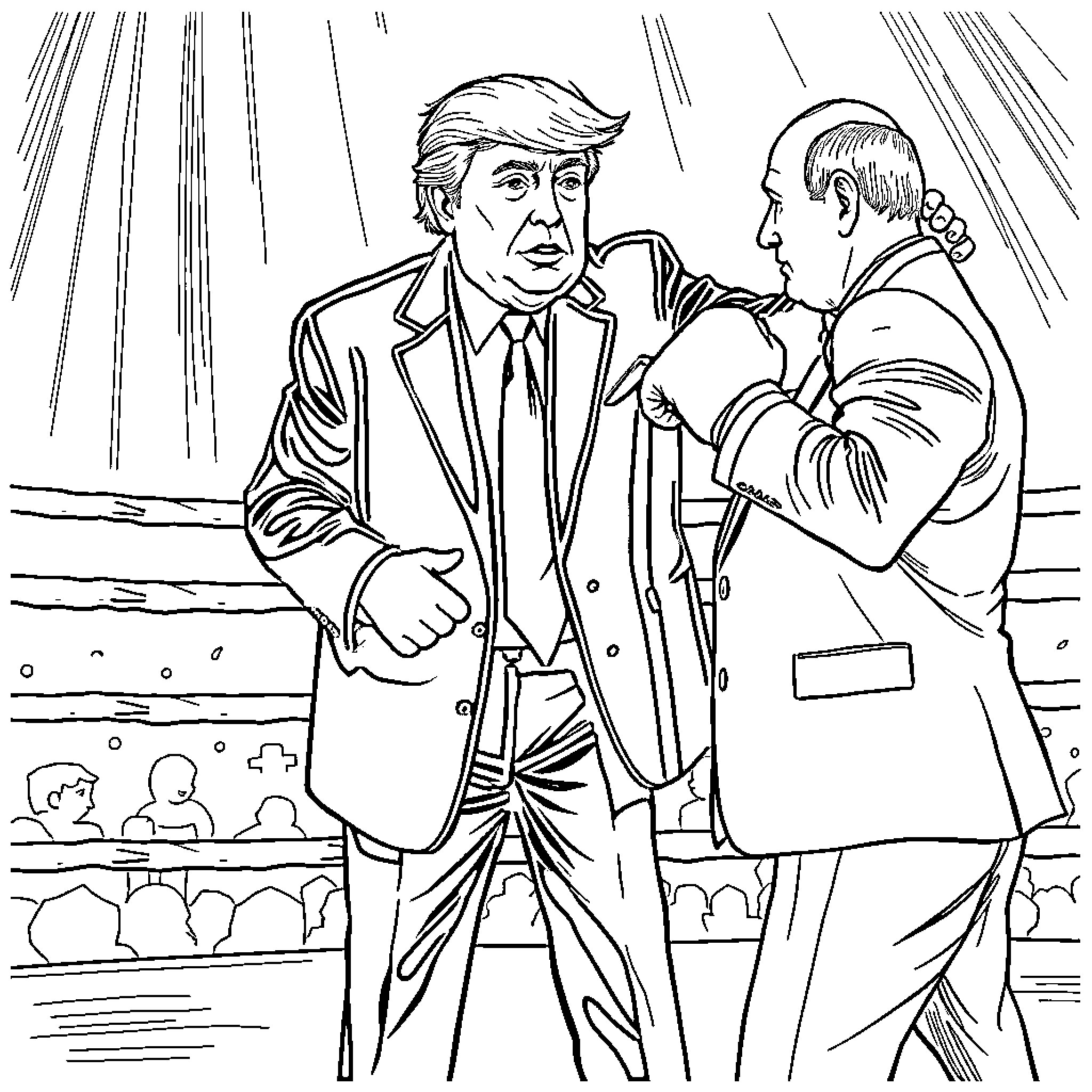 Donald Trump shaking hands with another man in a suit Coloring Page (free black-and-white line drawing printable PDF for all, from beginners to advanced learners, including children, teens, adults, and seniors)