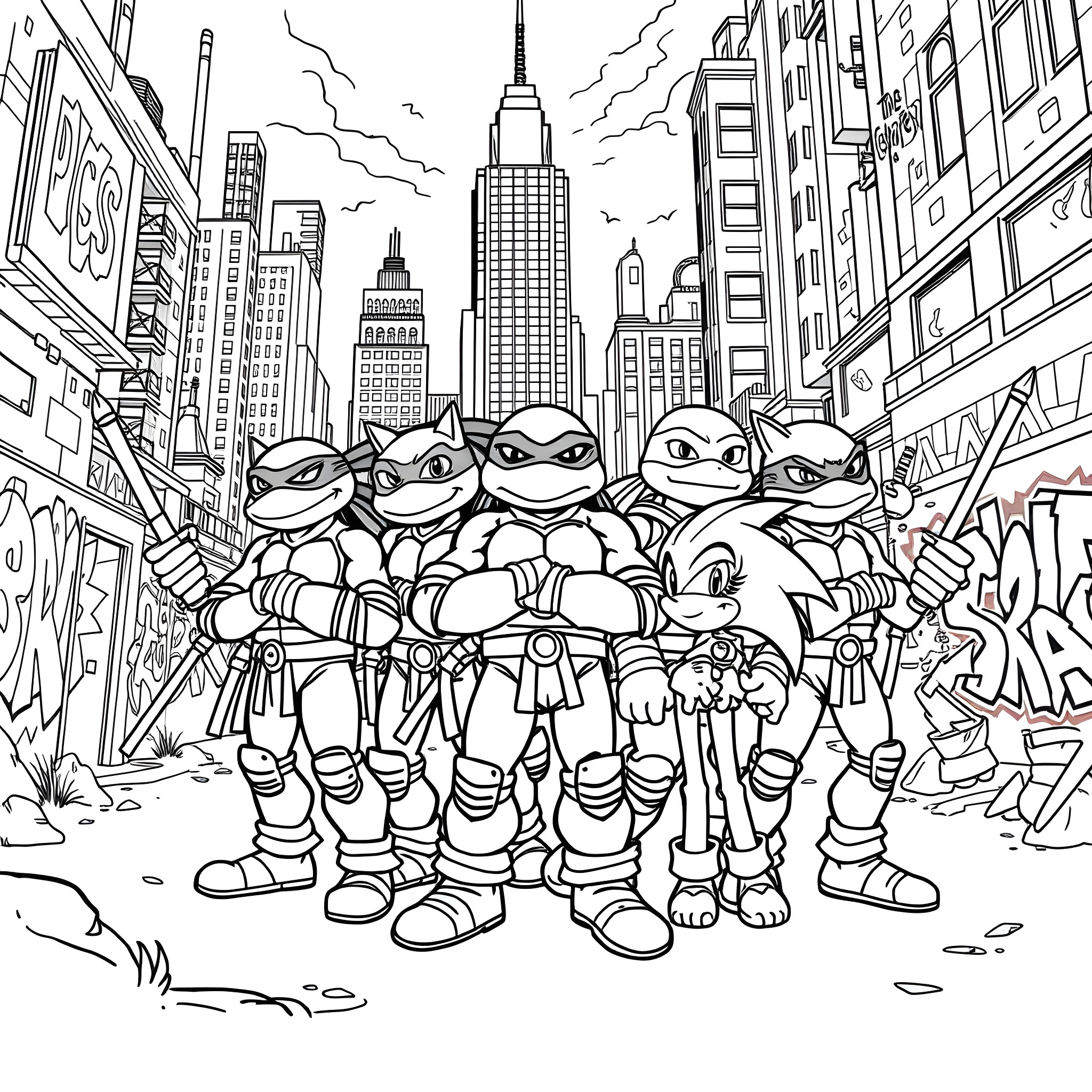 Ninja Turtle Heroes Saving the City Coloring Page (free black-and-white line drawing printable PDF for all, from beginners to advanced learners, including children, teens, adults, and seniors)