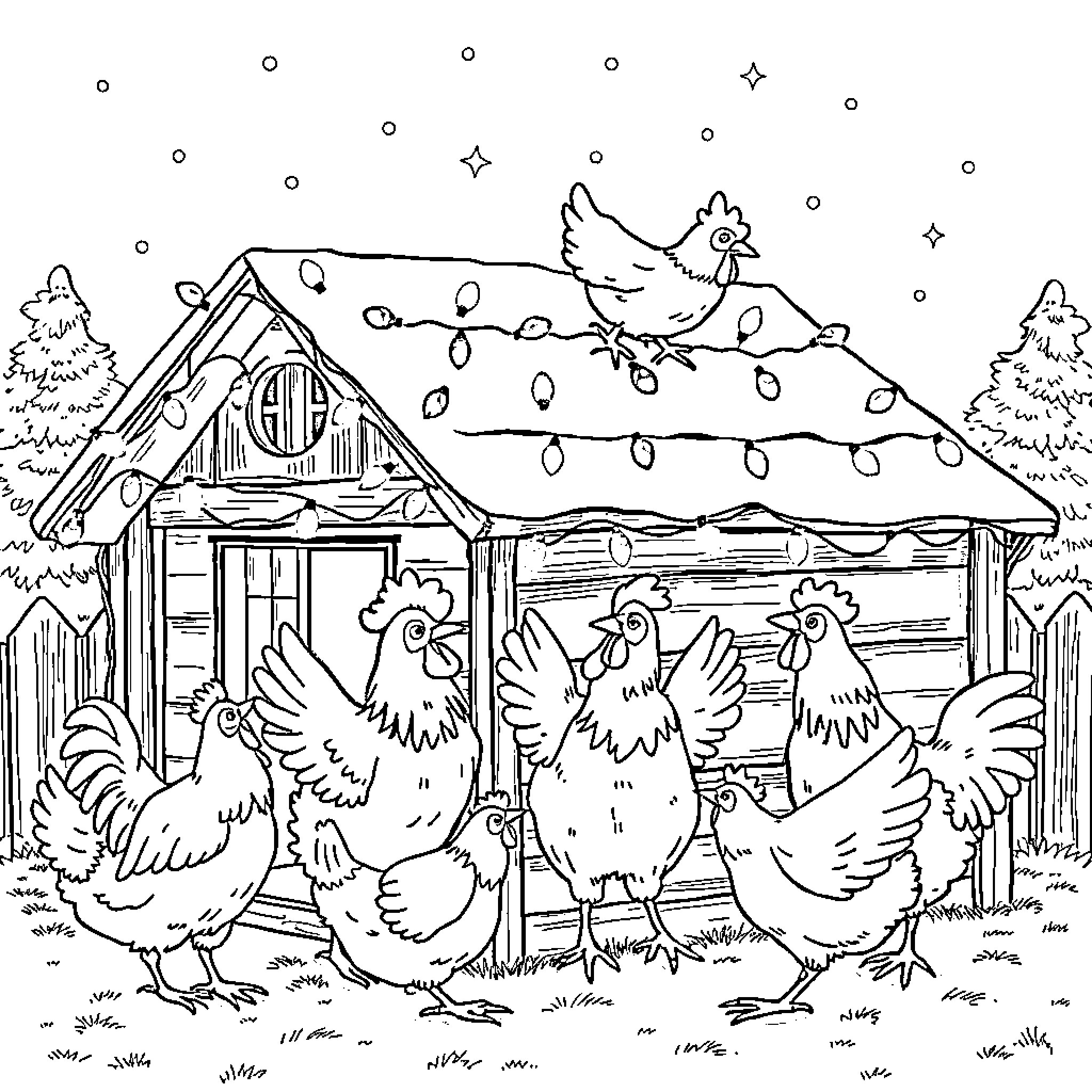 Chicken gathering around a cozy cabin in winter Coloring Page (free black-and-white line drawing printable PDF for all, from beginners to advanced learners, including children, teens, adults, and seniors)