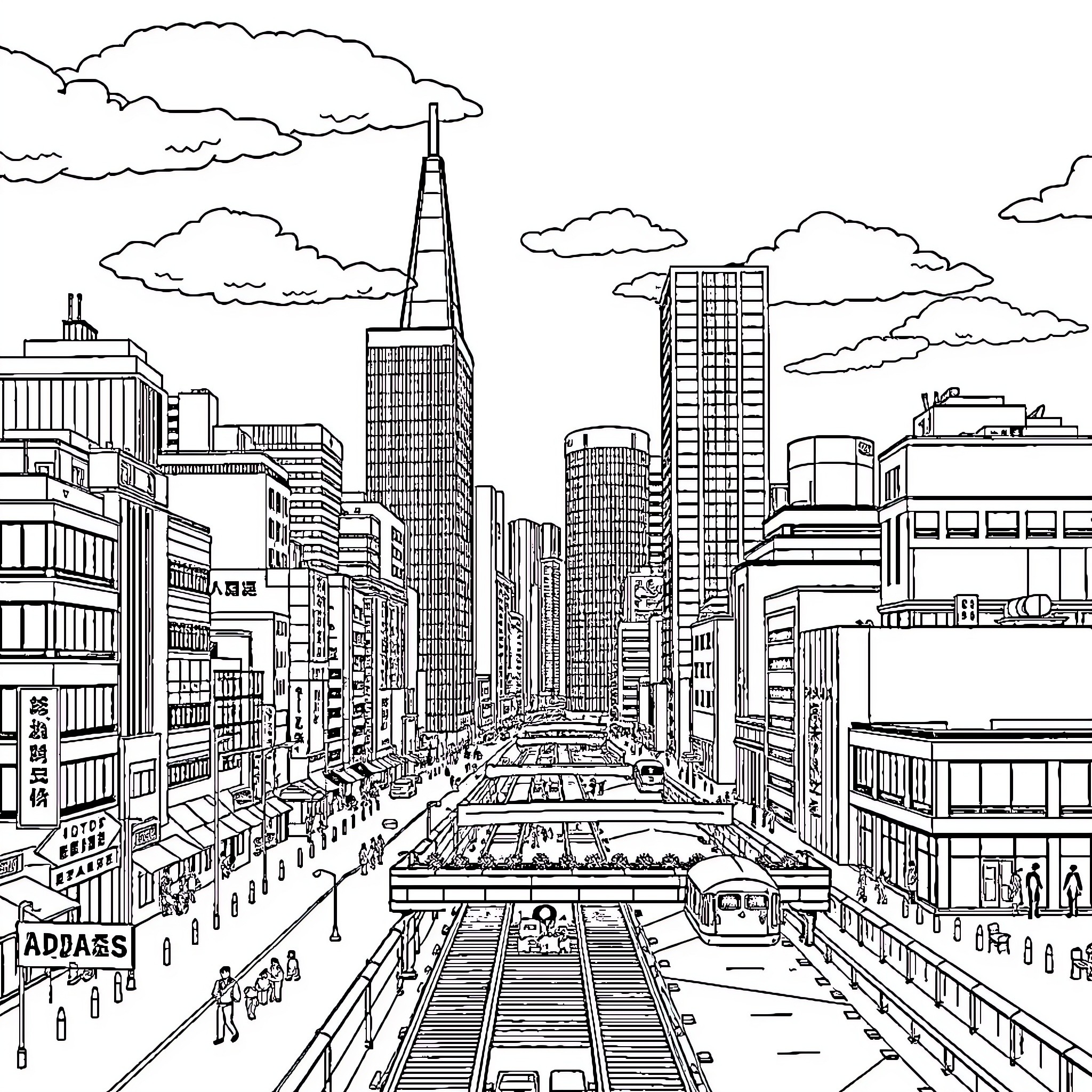 Yokohama cityscape with busy streets and skyscrapers Coloring Page (free black-and-white line drawing printable PDF for all, from beginners to advanced learners, including children, teens, adults, and seniors)