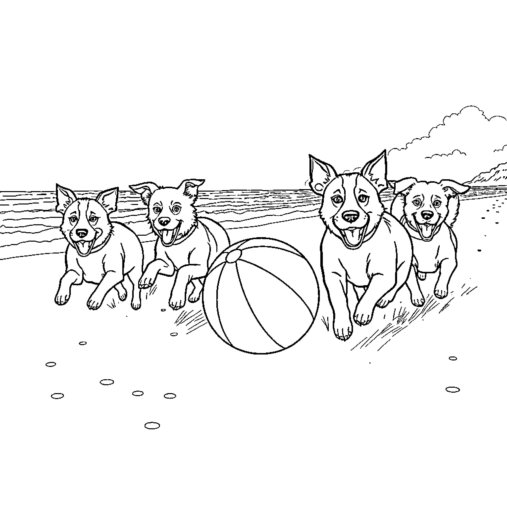 Dog pack playing with beach ball on the shore Coloring Page (free black-and-white line drawing printable PDF for all, from beginners to advanced learners, including children, teens, adults, and seniors)