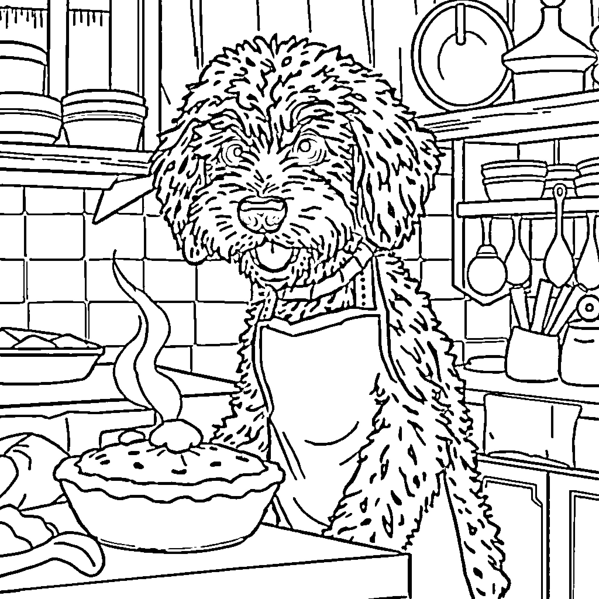 Labradoodle helping in the kitchen Coloring Page (free black-and-white line drawing printable PDF for all, from beginners to advanced learners, including children, teens, adults, and seniors)