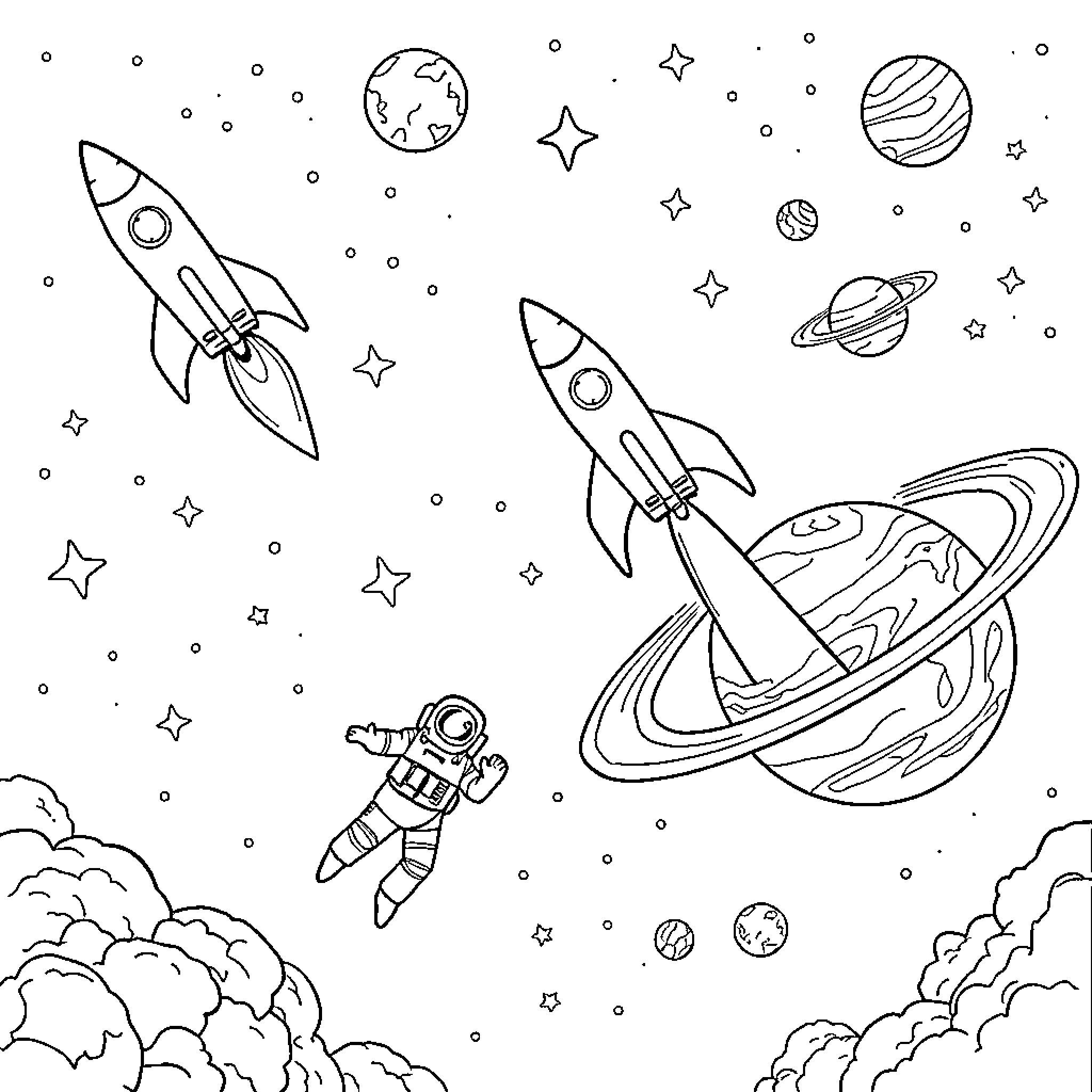Rocket blasting off into the cosmic adventure Coloring Page (free black-and-white line drawing printable PDF for all, from beginners to advanced learners, including children, teens, adults, and seniors)