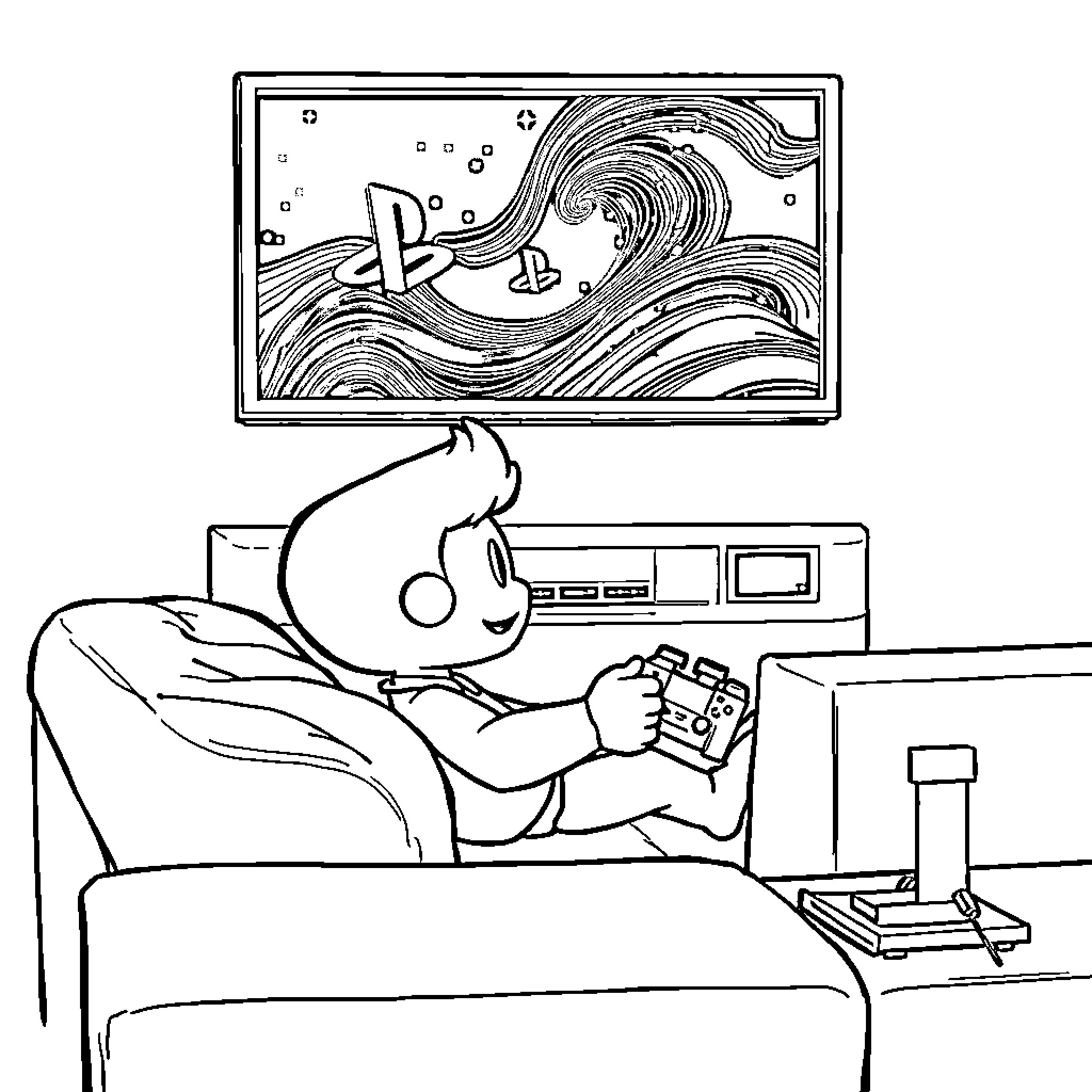 Goky playing video games on the TV Coloring Page (free black-and-white line drawing printable PDF for all, from beginners to advanced learners, including children, teens, adults, and seniors)