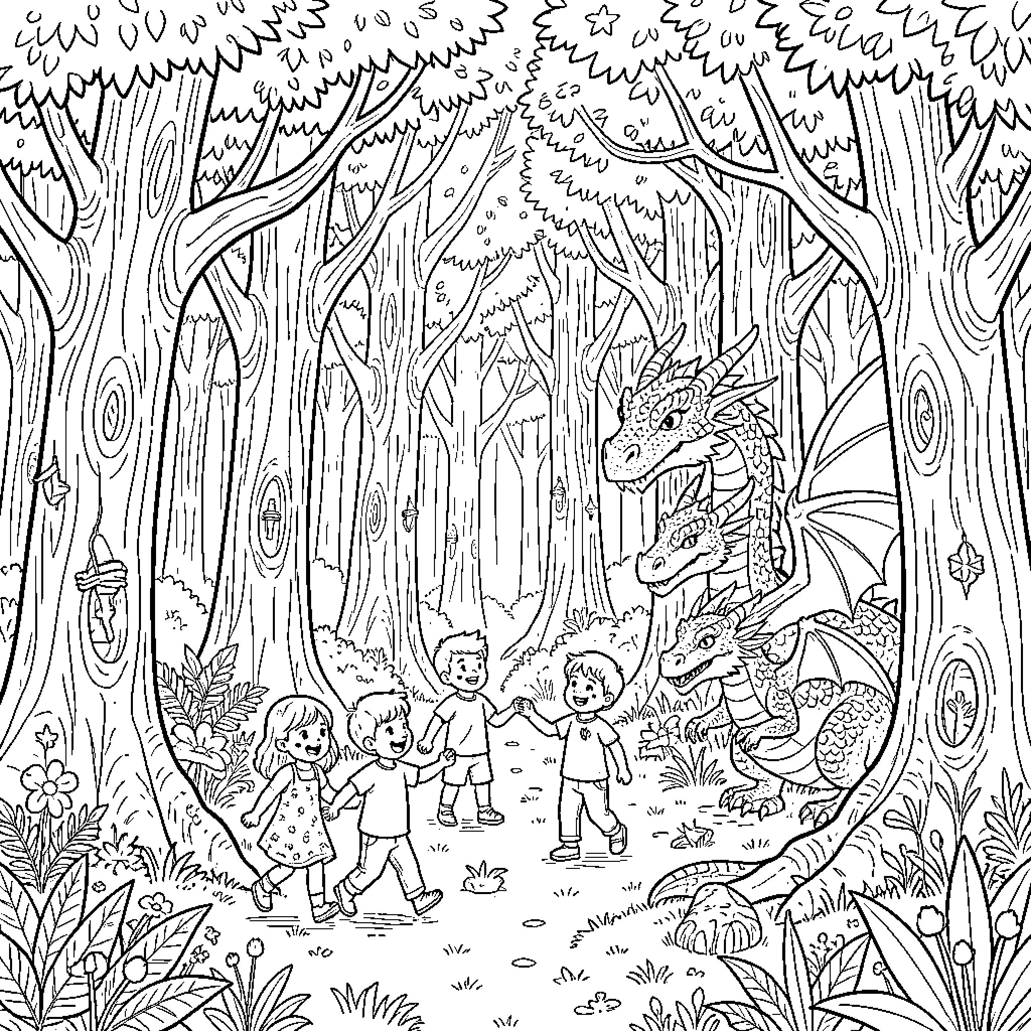 Children exploring a magical forest with mythical creatures Coloring Page (free black-and-white line drawing printable PDF for all, from beginners to advanced learners, including children, teens, adults, and seniors)