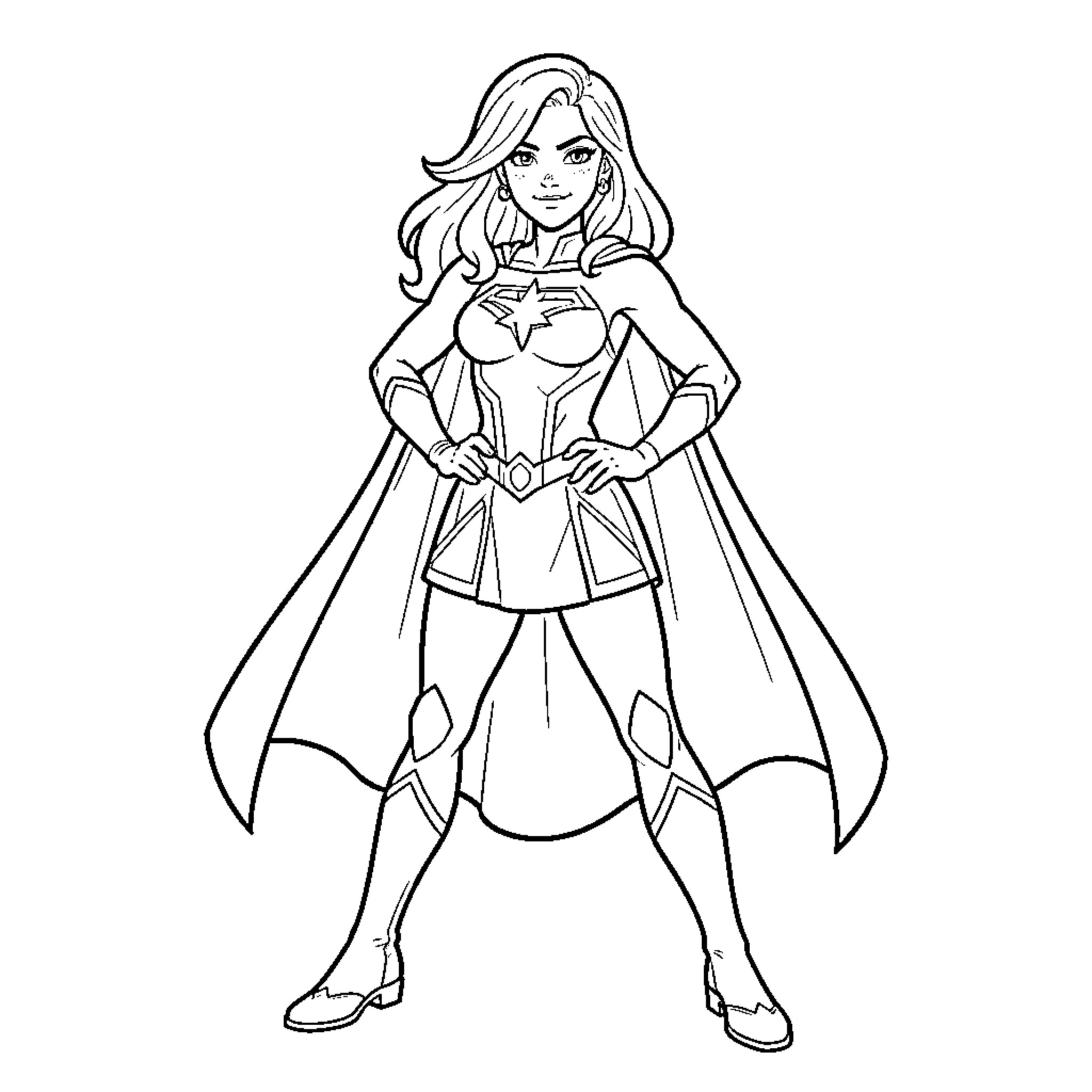 Princess standing heroically in a superhero costume with a cape Coloring Page (free black-and-white line drawing printable PDF for all, from beginners to advanced learners, including children, teens, adults, and seniors)