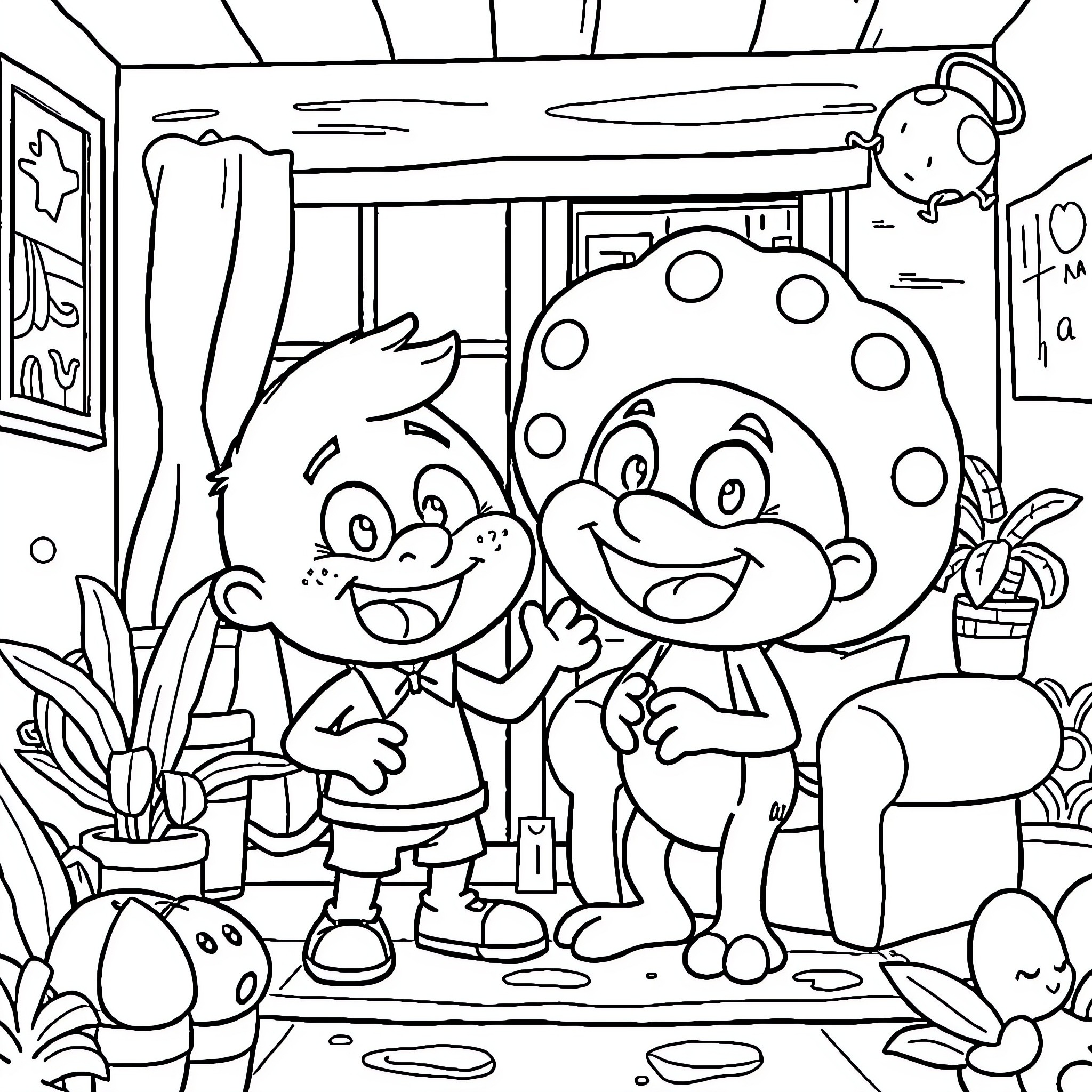 Gumball Characters Happily Interacting in a Room Coloring Page (free black-and-white line drawing printable PDF for all, from beginners to advanced learners, including children, teens, adults, and seniors)