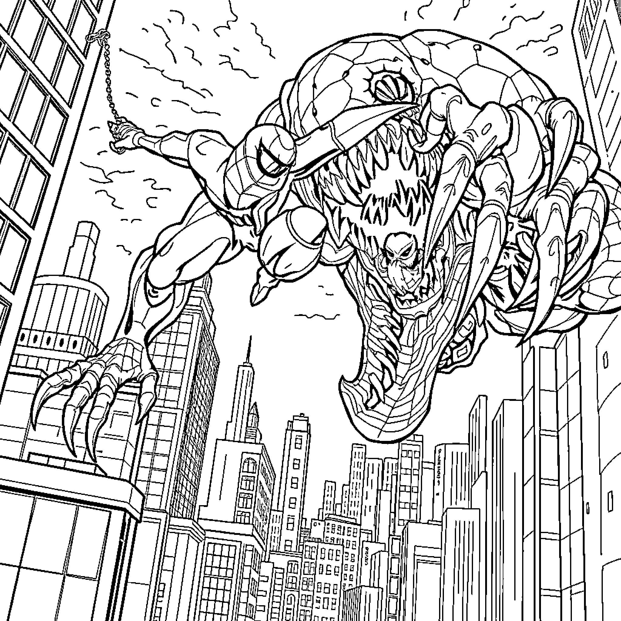 Spiderman battling a monstrous villain in the city Coloring Page (free black-and-white line drawing printable PDF for all, from beginners to advanced learners, including children, teens, adults, and seniors)