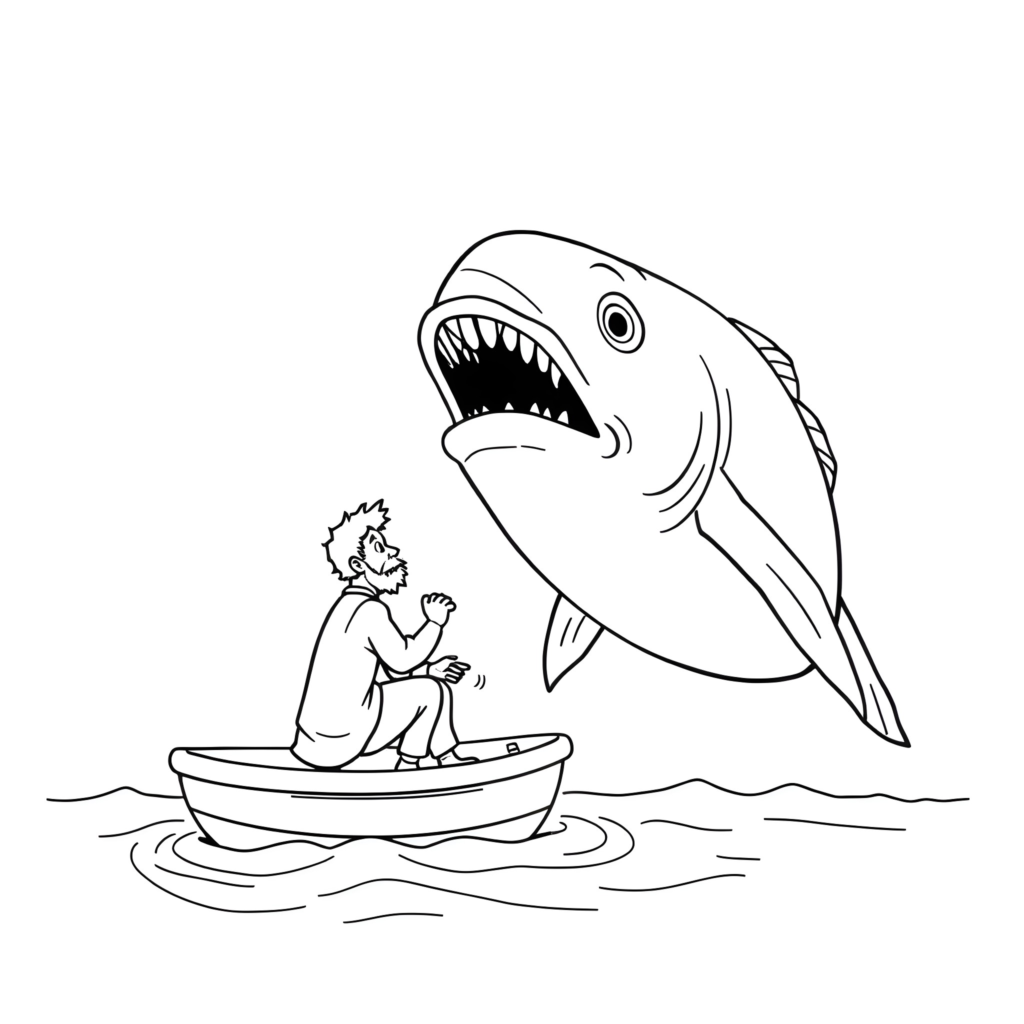 Jonah confronting the giant fish in the sea Coloring Page (free black-and-white line drawing printable PDF for all, from beginners to advanced learners, including children, teens, adults, and seniors)