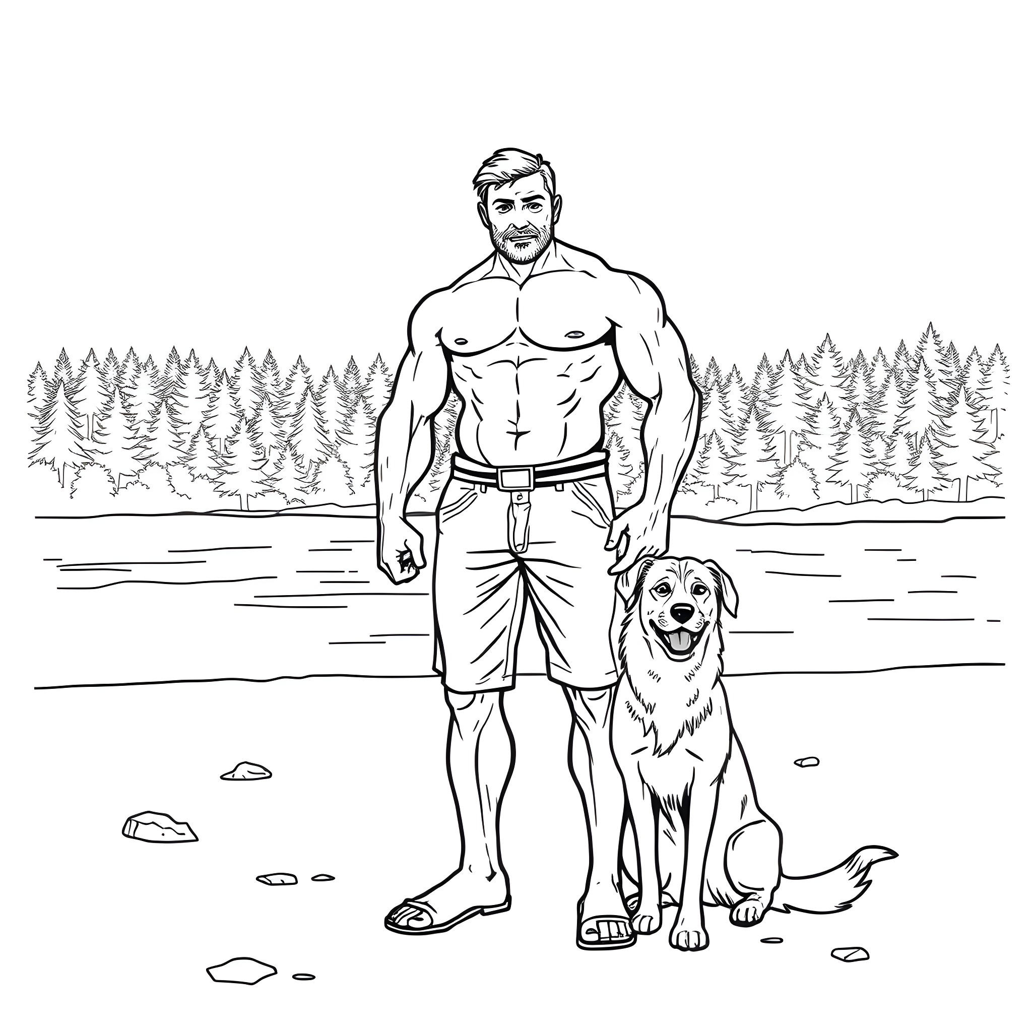 Man enjoying nature with his loyal dog companion Coloring Page (free black-and-white line drawing printable PDF for all, from beginners to advanced learners, including children, teens, adults, and seniors)