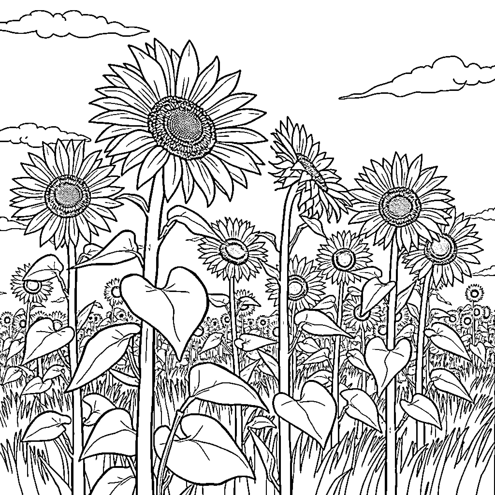 Sunflower field with blooming flowers Coloring Page (free black-and-white line drawing printable PDF for all, from beginners to advanced learners, including children, teens, adults, and seniors)