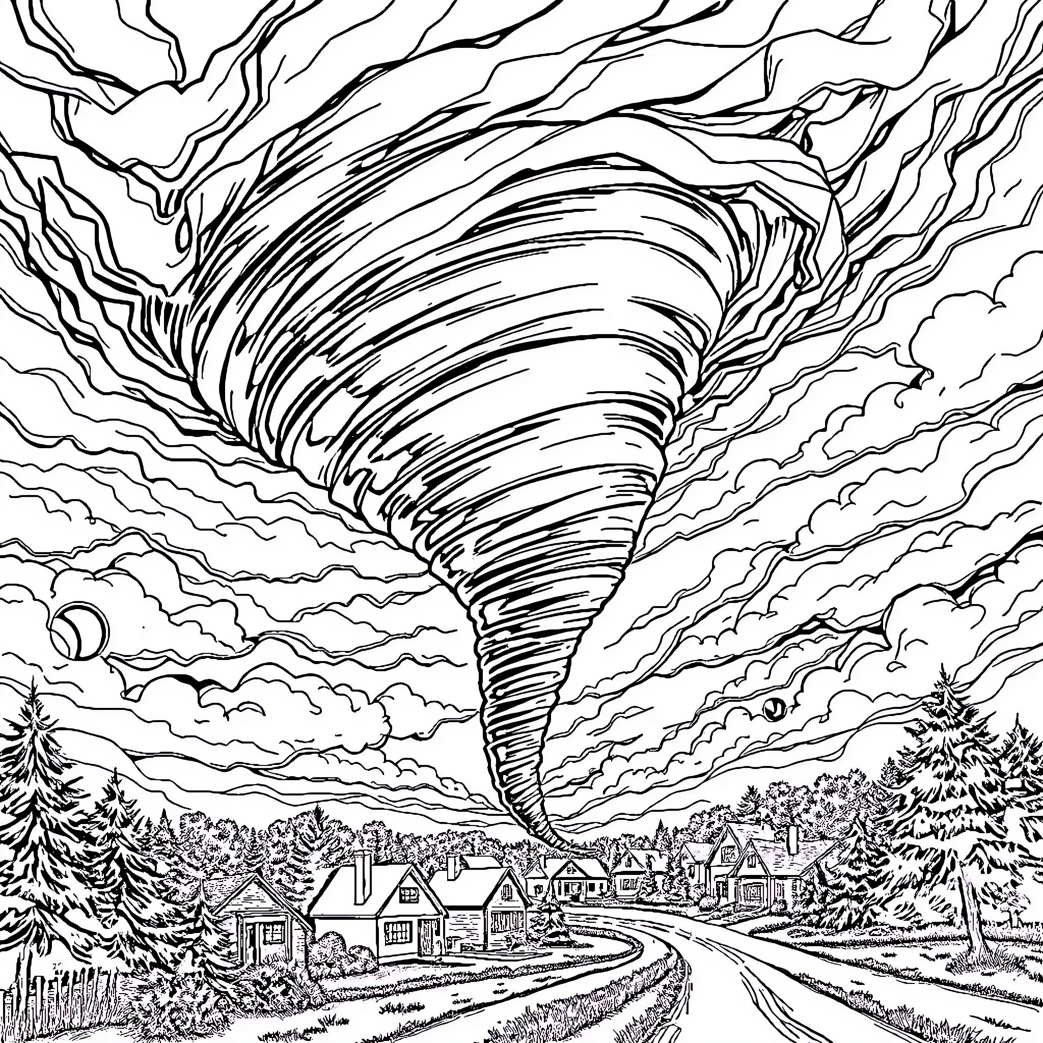 Tornado swirling above the rural landscape Coloring Page (free black-and-white line drawing printable PDF for all, from beginners to advanced learners, including children, teens, adults, and seniors)