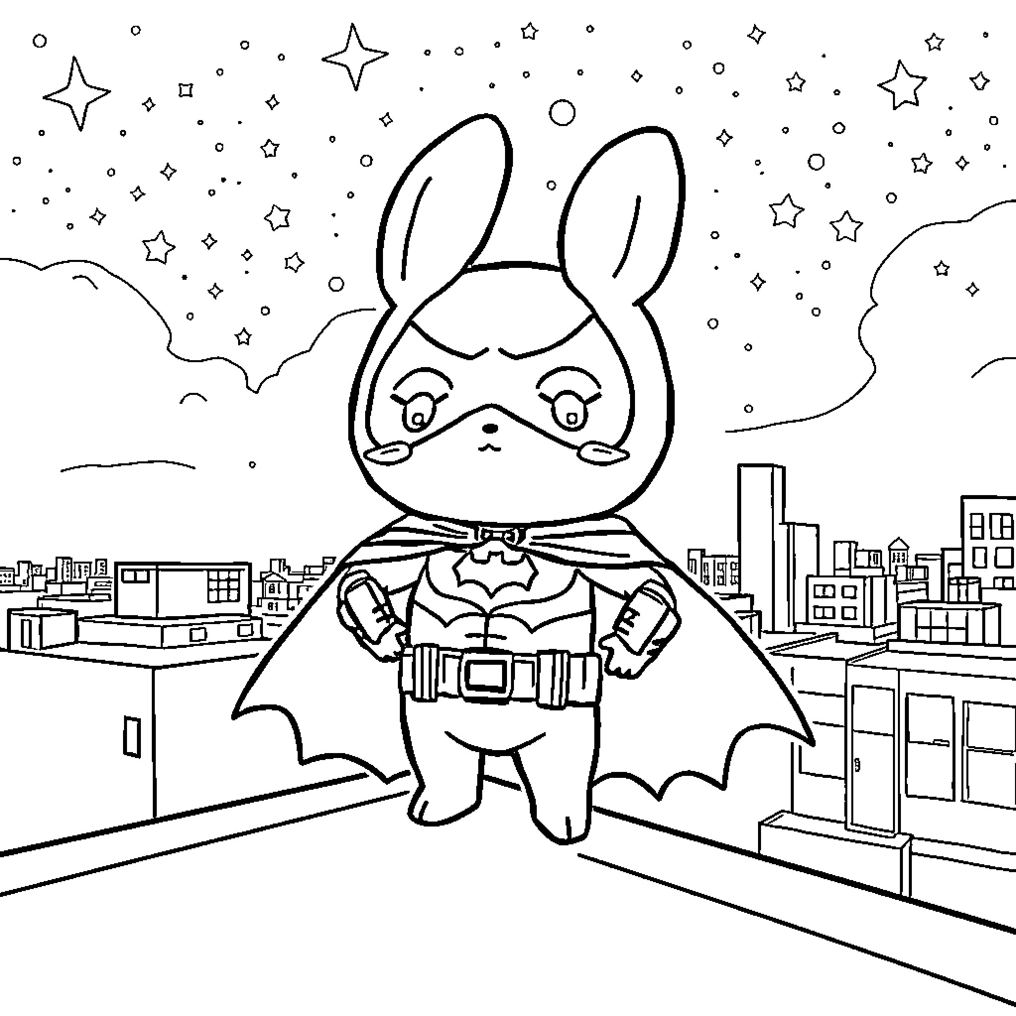 Cinnamoroll superhero flying over the city at night Coloring Page (free black-and-white line drawing printable PDF for all, from beginners to advanced learners, including children, teens, adults, and seniors)
