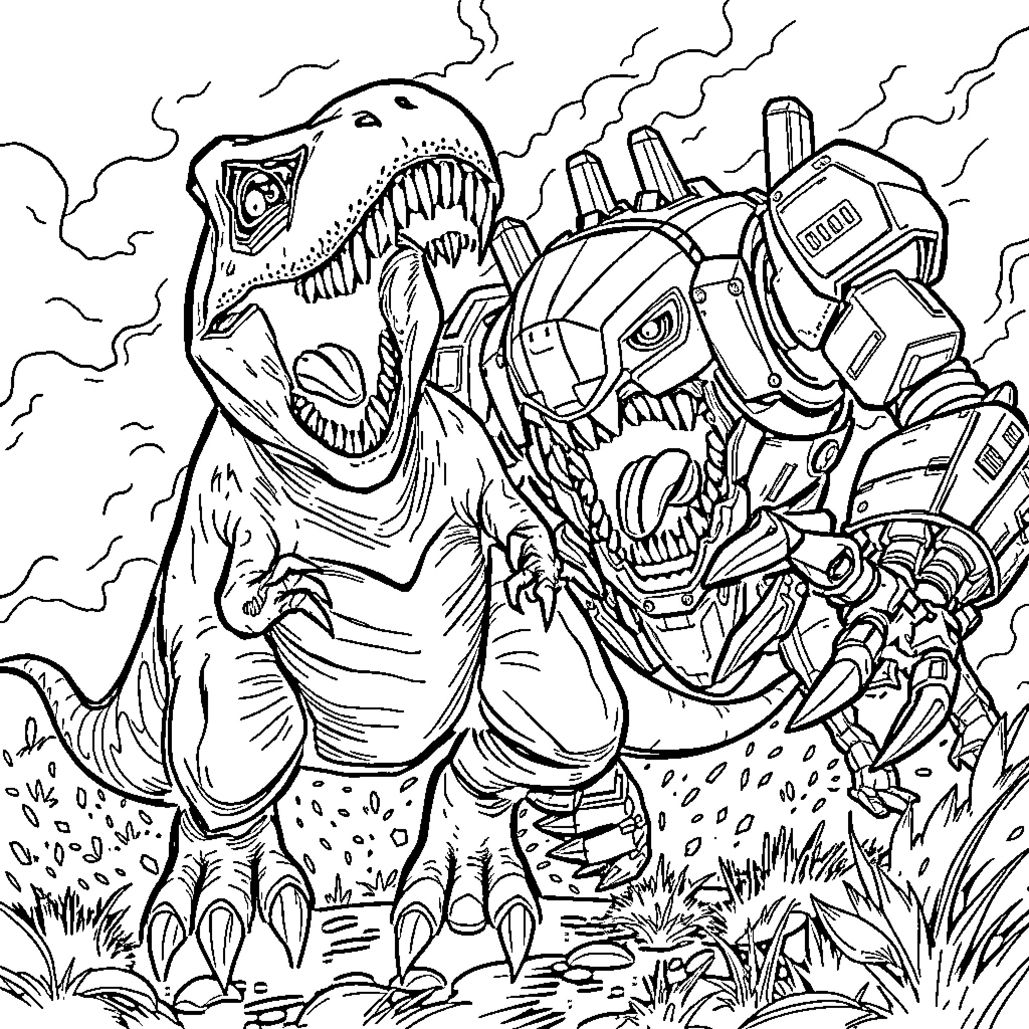 T-Rex battling futuristic mech in post-apocalyptic landscape Coloring Page (free black-and-white line drawing printable PDF for all, from beginners to advanced learners, including children, teens, adults, and seniors)