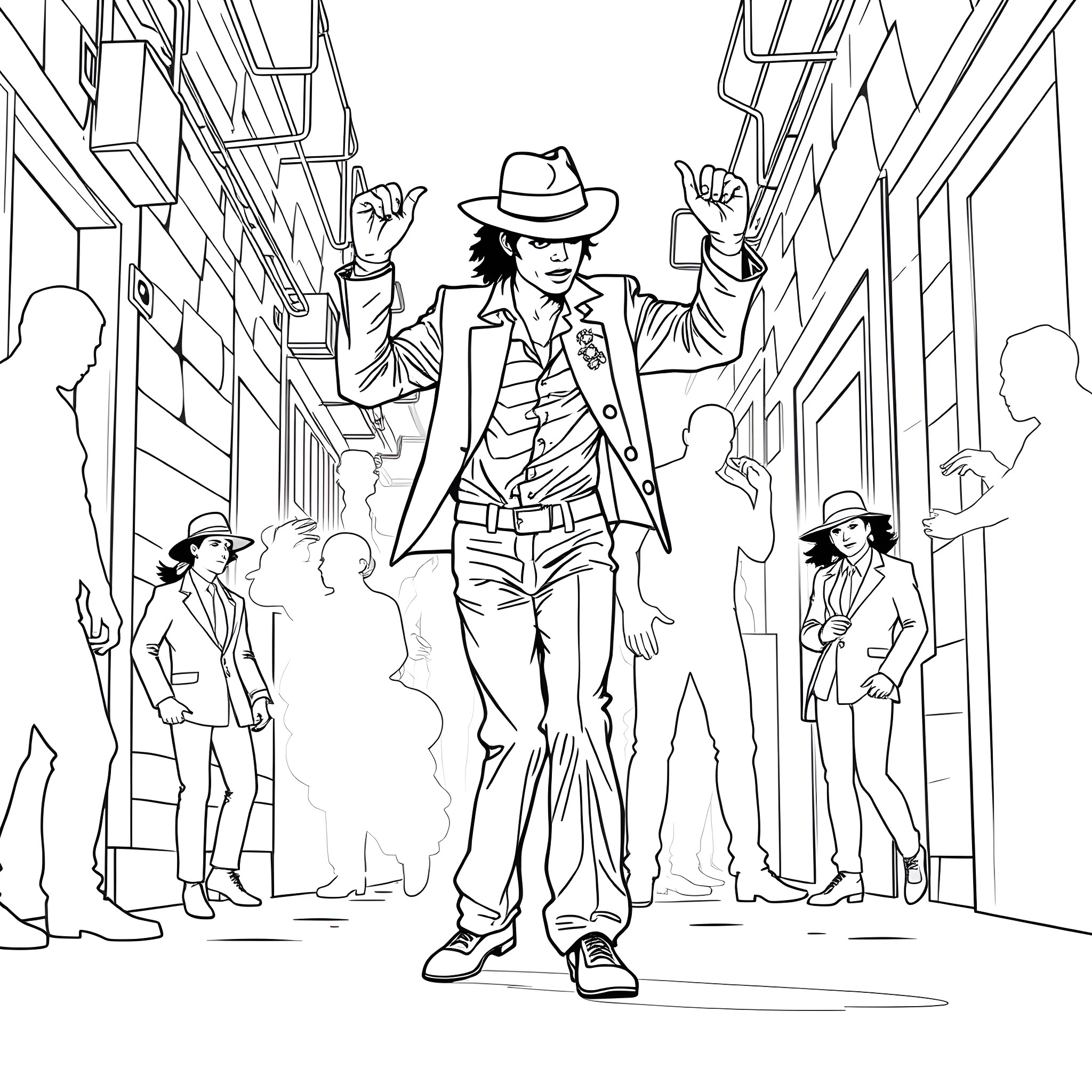 Michael Jackson's Iconic Dance Moves in the City Coloring Page (free black-and-white line drawing printable PDF for all, from beginners to advanced learners, including children, teens, adults, and seniors)