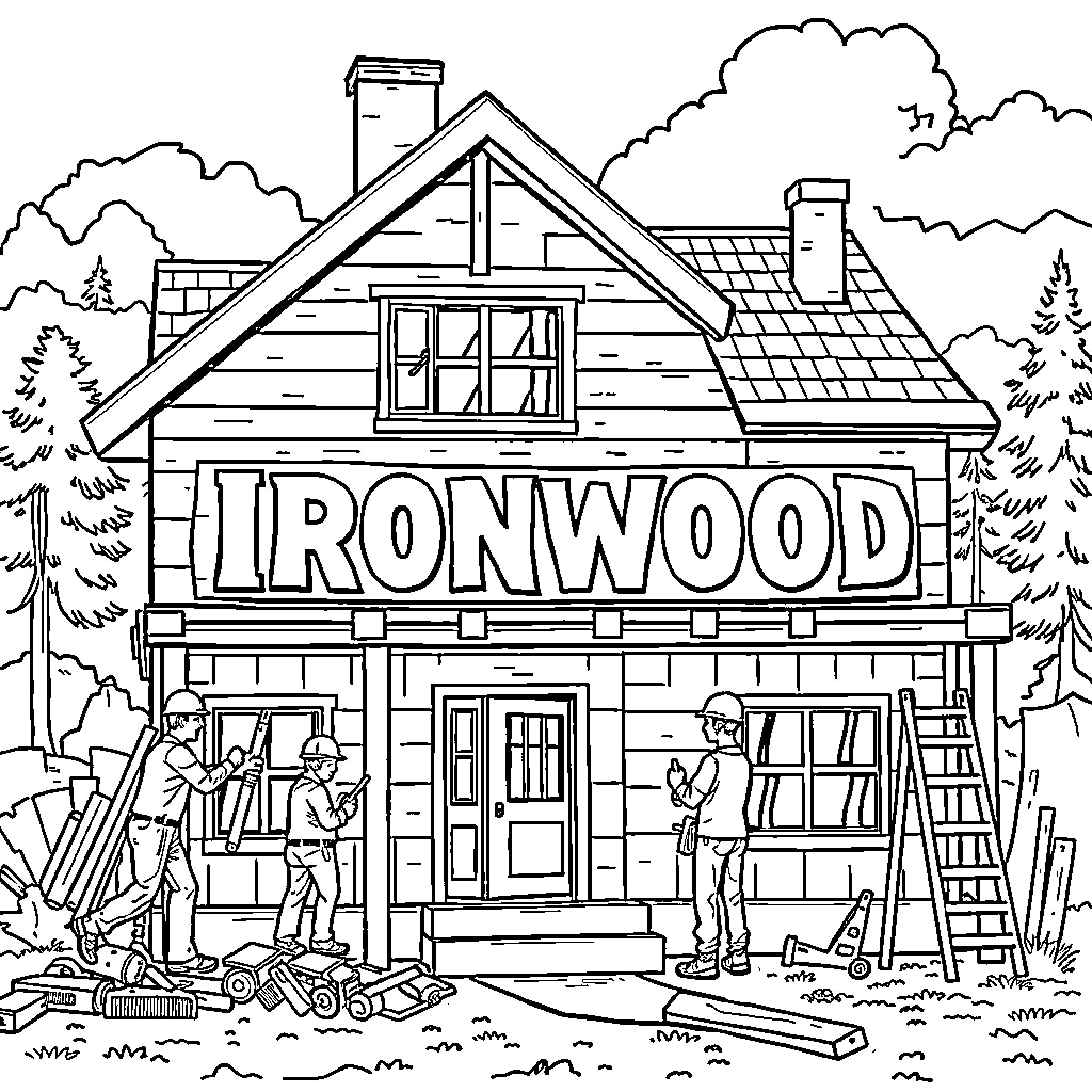 House with workers repairing or constructing the building Coloring Page (free black-and-white line drawing printable PDF for all, from beginners to advanced learners, including children, teens, adults, and seniors)