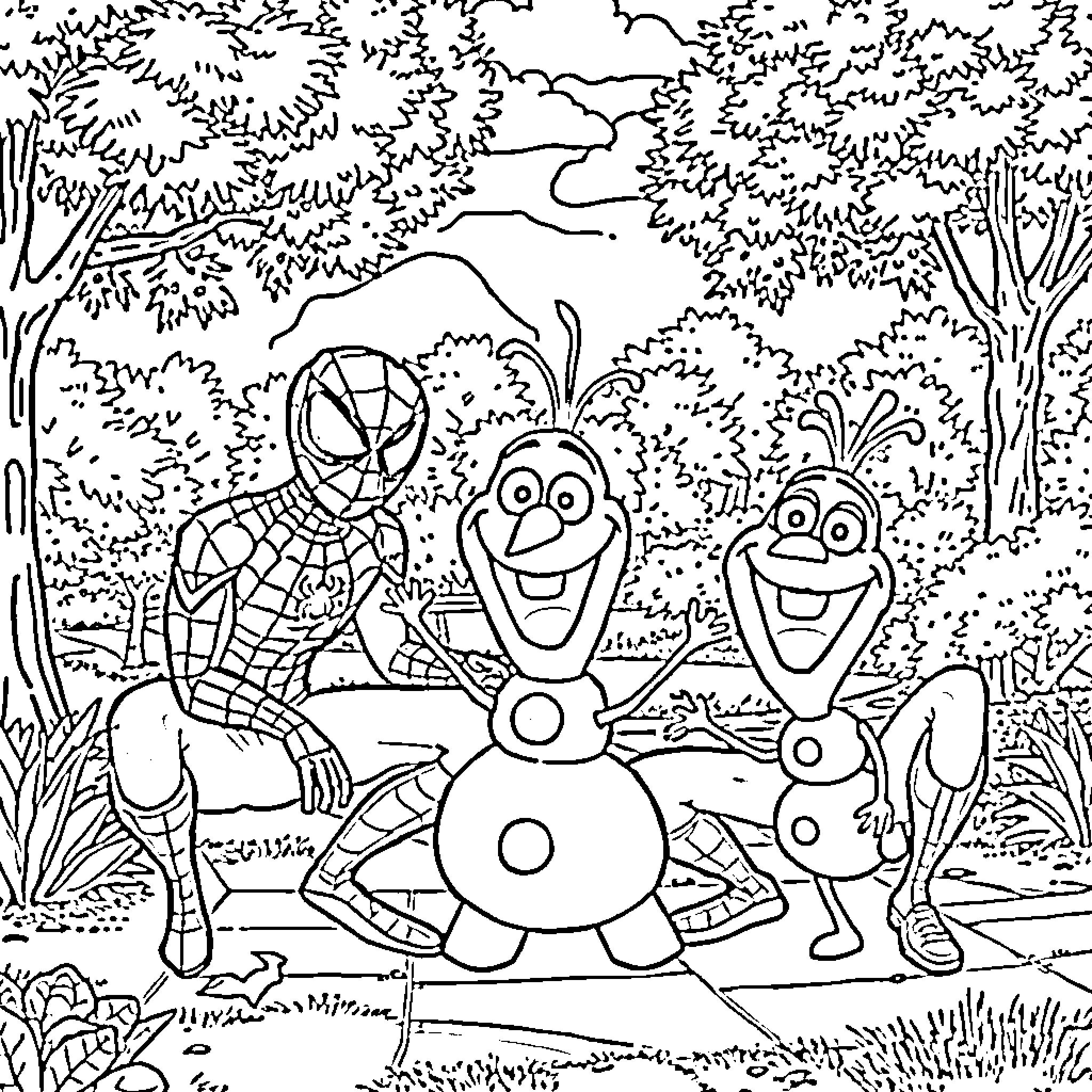 Spider-Man Joins Olaf and Friends in the Enchanted Forest Coloring Page (free black-and-white line drawing printable PDF for all, from beginners to advanced learners, including children, teens, adults, and seniors)
