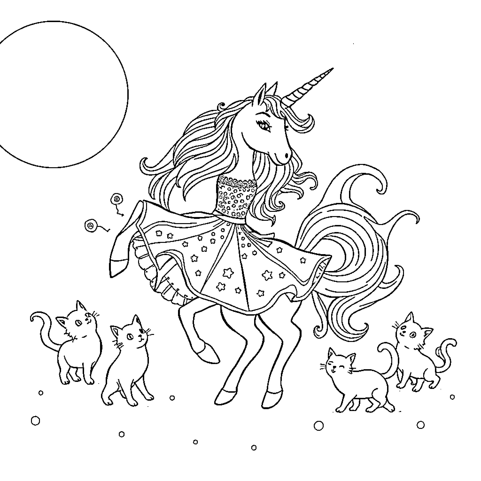 Unicorn dancing joyfully with cats in the moonlight Coloring Page (free black-and-white line drawing printable PDF for all, from beginners to advanced learners, including children, teens, adults, and seniors)