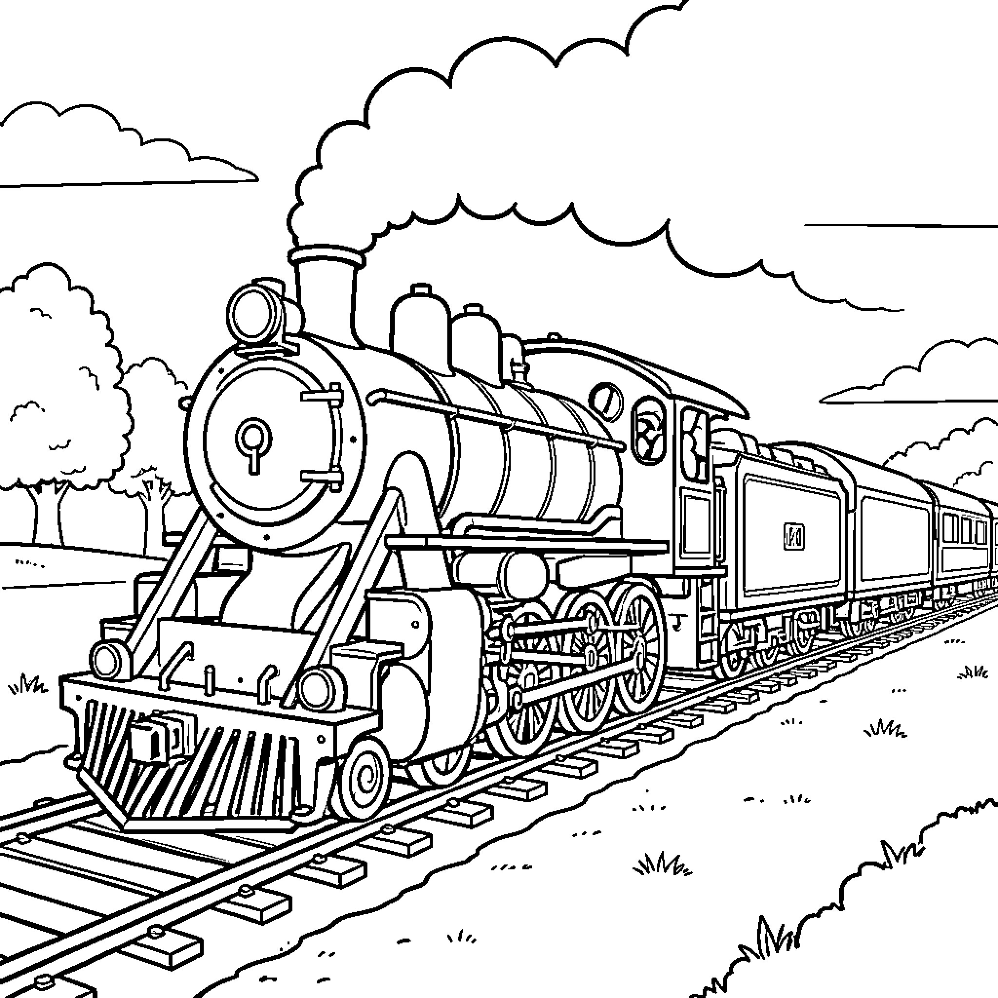 Steam Train traveling along a track through nature Coloring Page (free black-and-white line drawing printable PDF for all, from beginners to advanced learners, including children, teens, adults, and seniors)