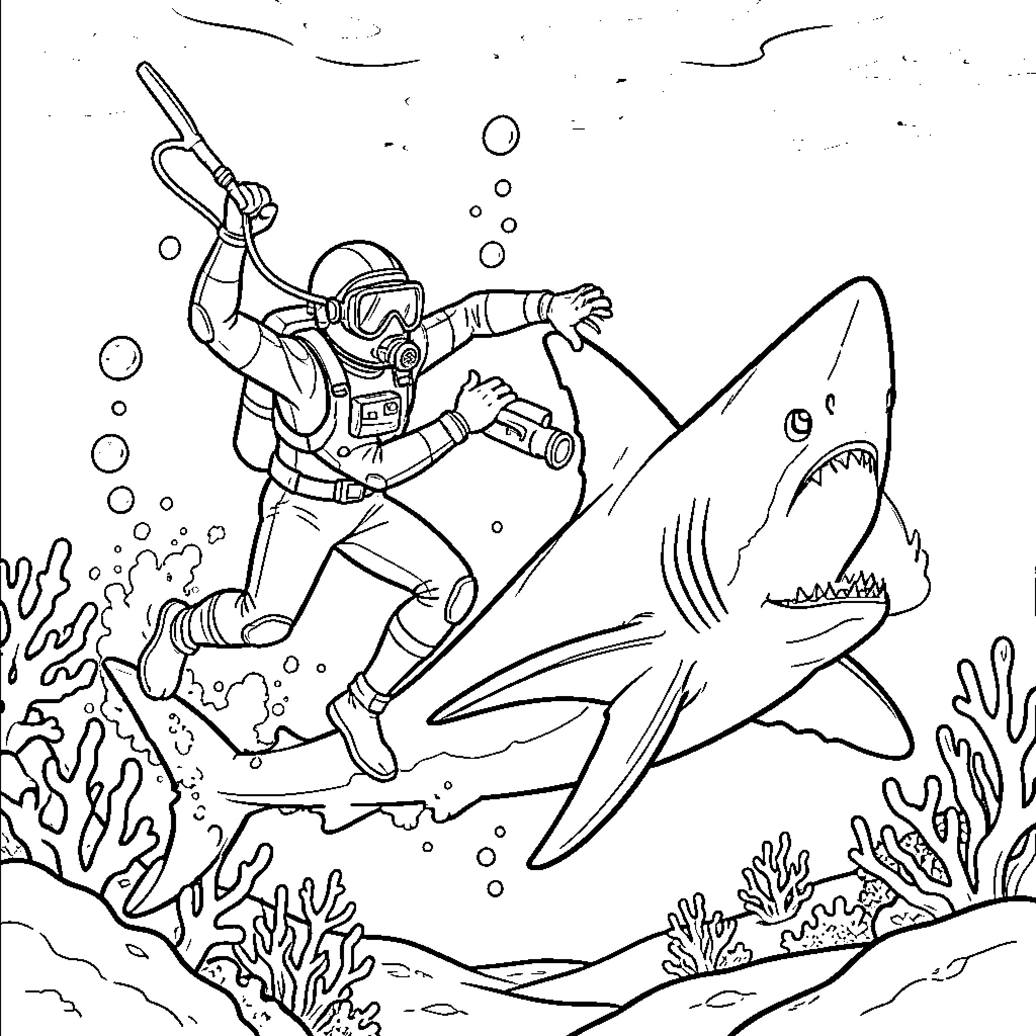 Diver exploring underwater with shark Coloring Page (free black-and-white line drawing printable PDF for all, from beginners to advanced learners, including children, teens, adults, and seniors)