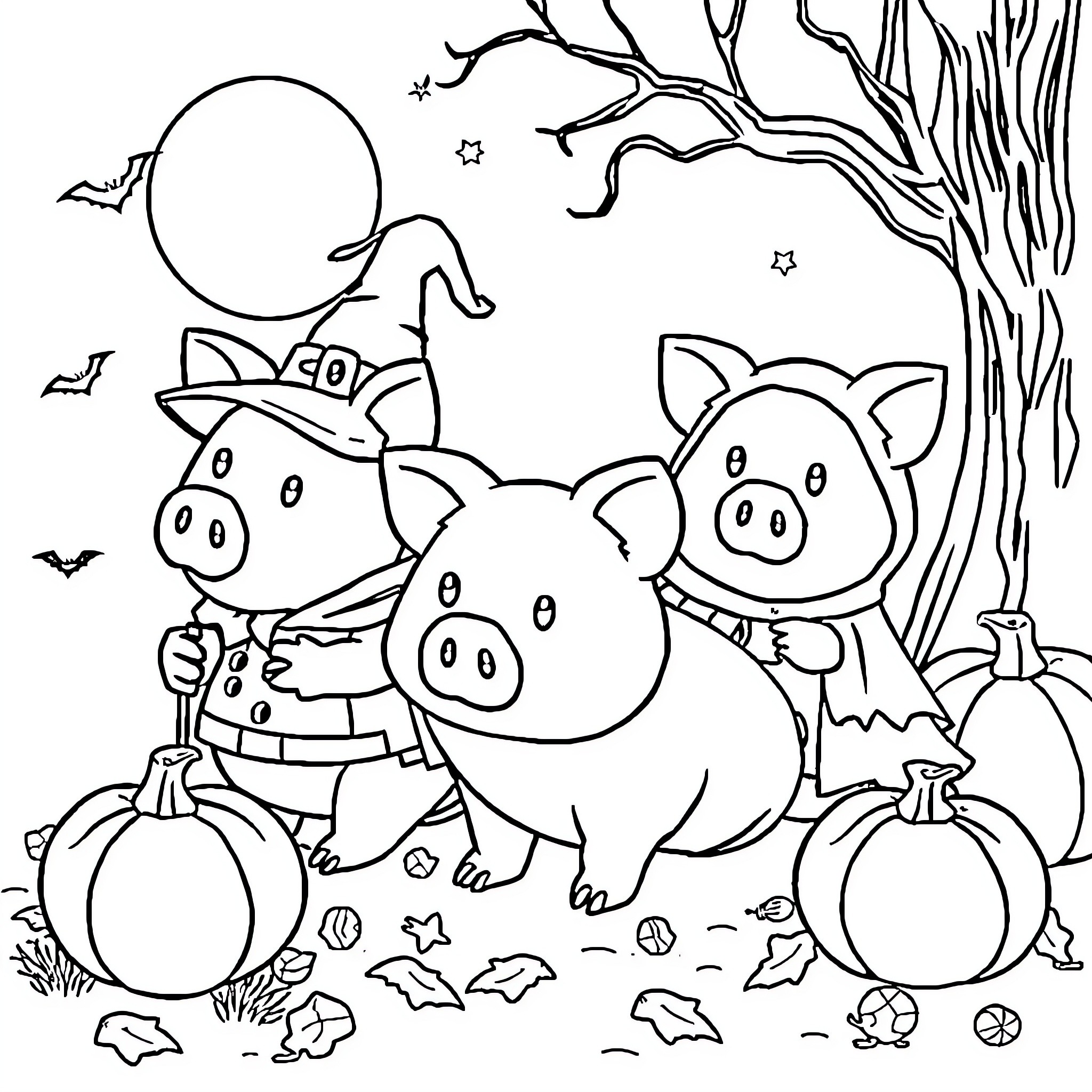 Piggy Bank Trick-or-Treating on a Spooky Night Coloring Page (free black-and-white line drawing printable PDF for all, from beginners to advanced learners, including children, teens, adults, and seniors)