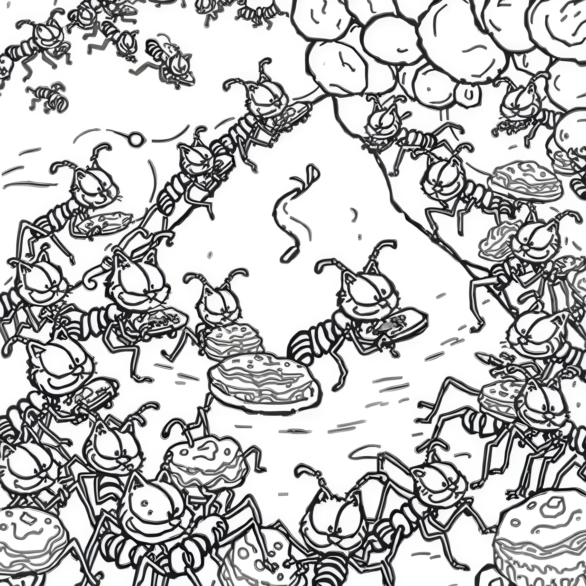 Ant Colonies Busy at Work Coloring Page (free black-and-white line drawing printable PDF for all, from beginners to advanced learners, including children, teens, adults, and seniors)