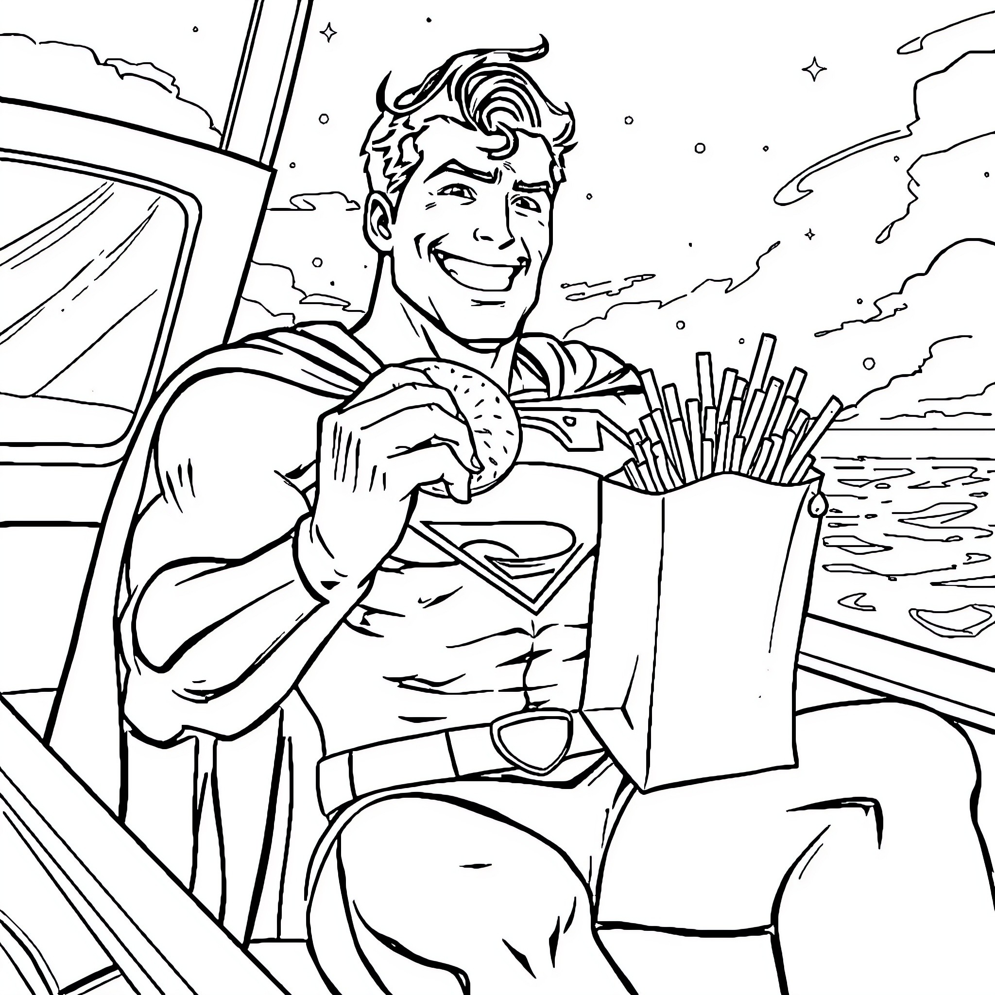 Superman Enjoys a Tasty Snack in the Starry Night Coloring Page (free black-and-white line drawing printable PDF for all, from beginners to advanced learners, including children, teens, adults, and seniors)